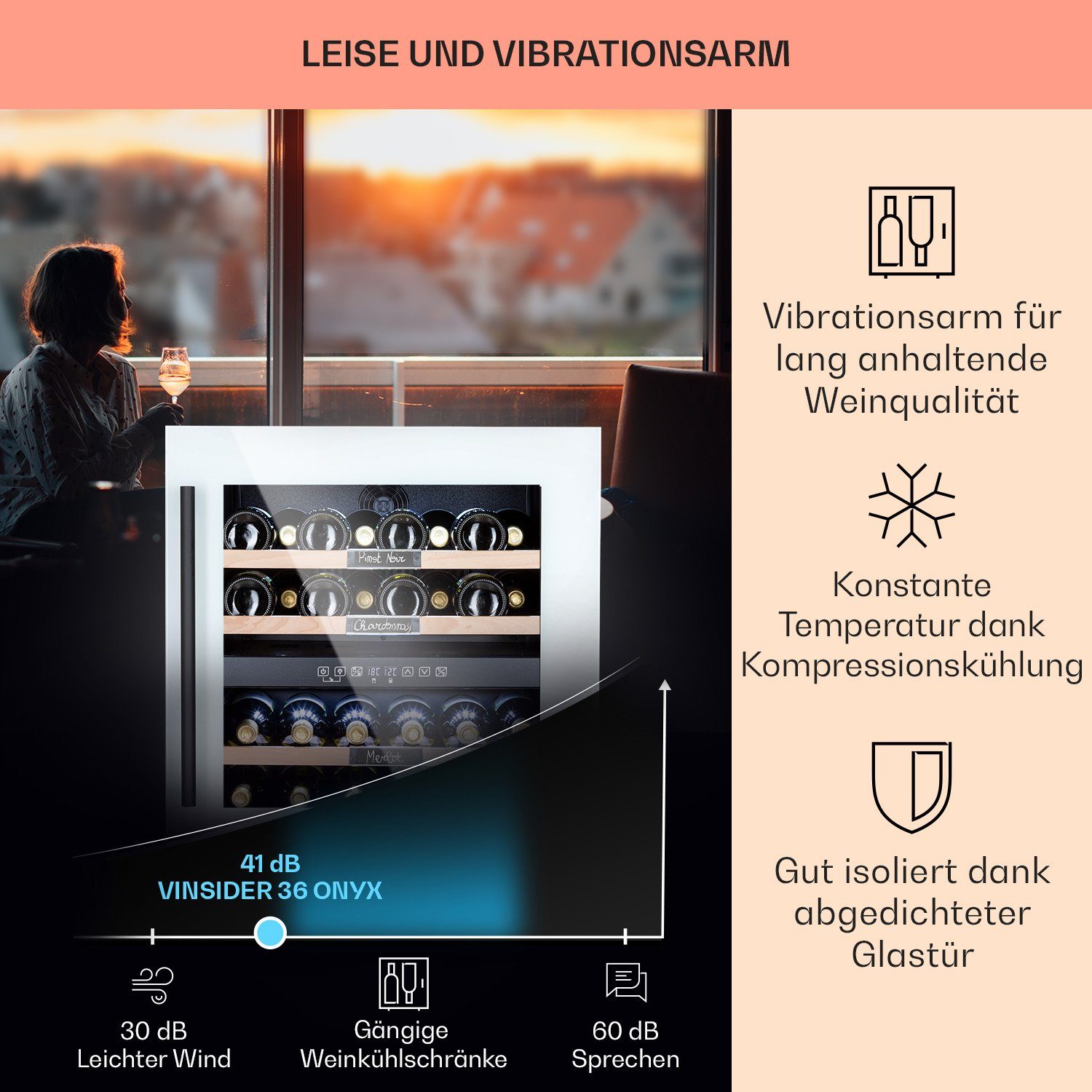Klarstein Weinkühlschrank Vinsider 36 Quartz Edition, für 36 Standardflaschen á 0,75l,Wein Flaschenkühlschrank Weintemperierschrank Weinschrank Kühlschrank