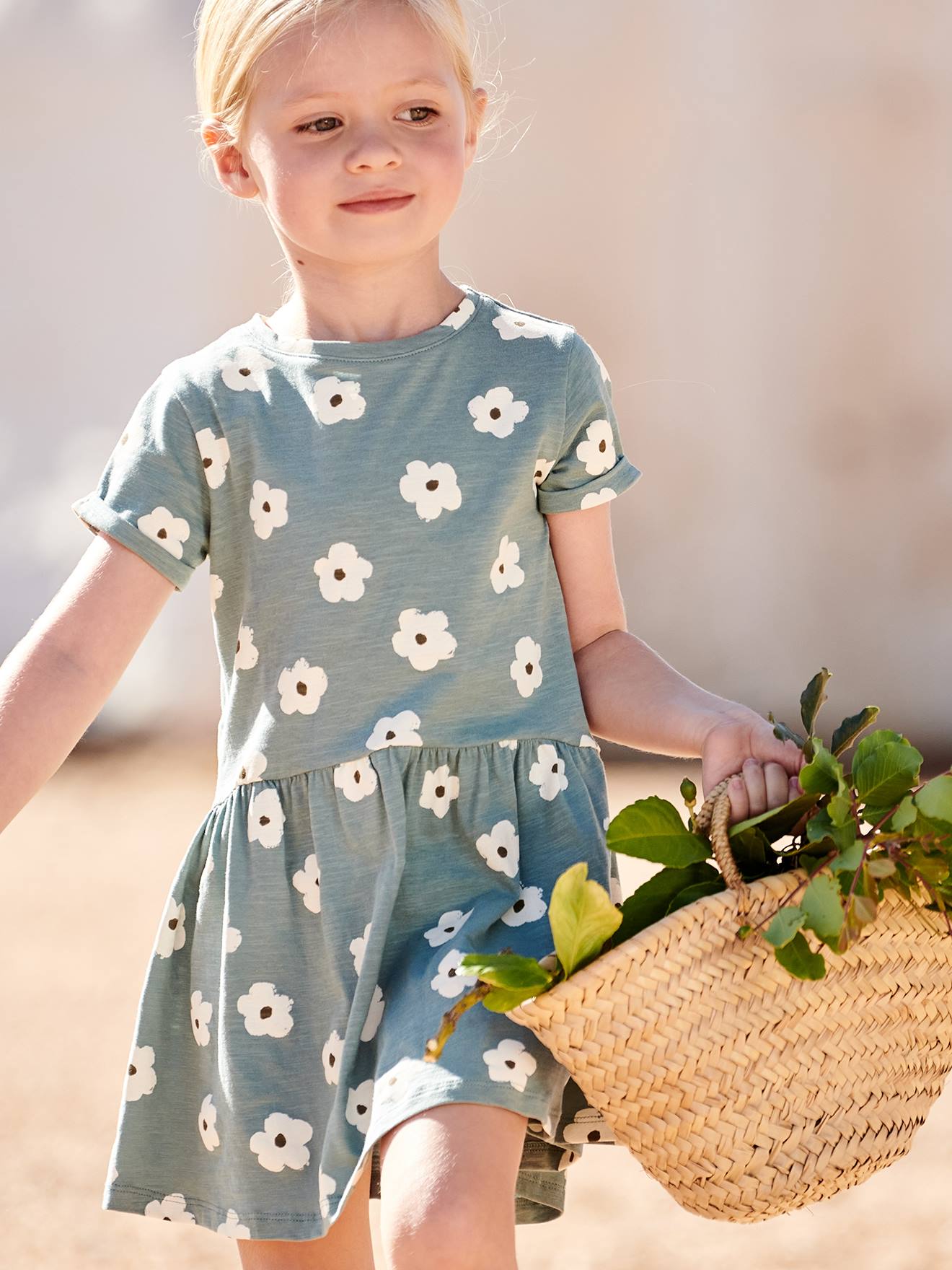 Robe Basics imprimée fille manches courtes bleu clair imprimé cerises