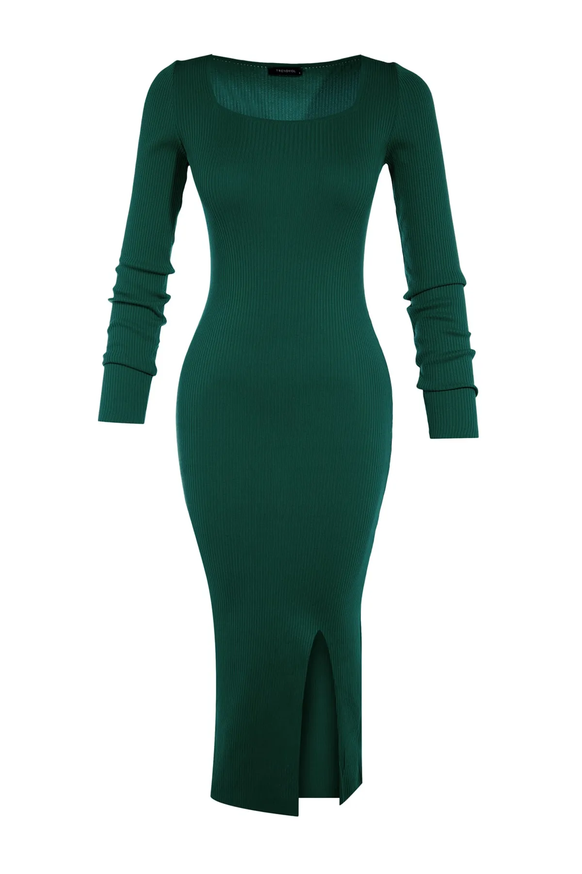 Trendyol Collection  Petrolfarbenes Strickkleid mit eckigem Ausschnitt und Schlitz TWOAW23EL00181