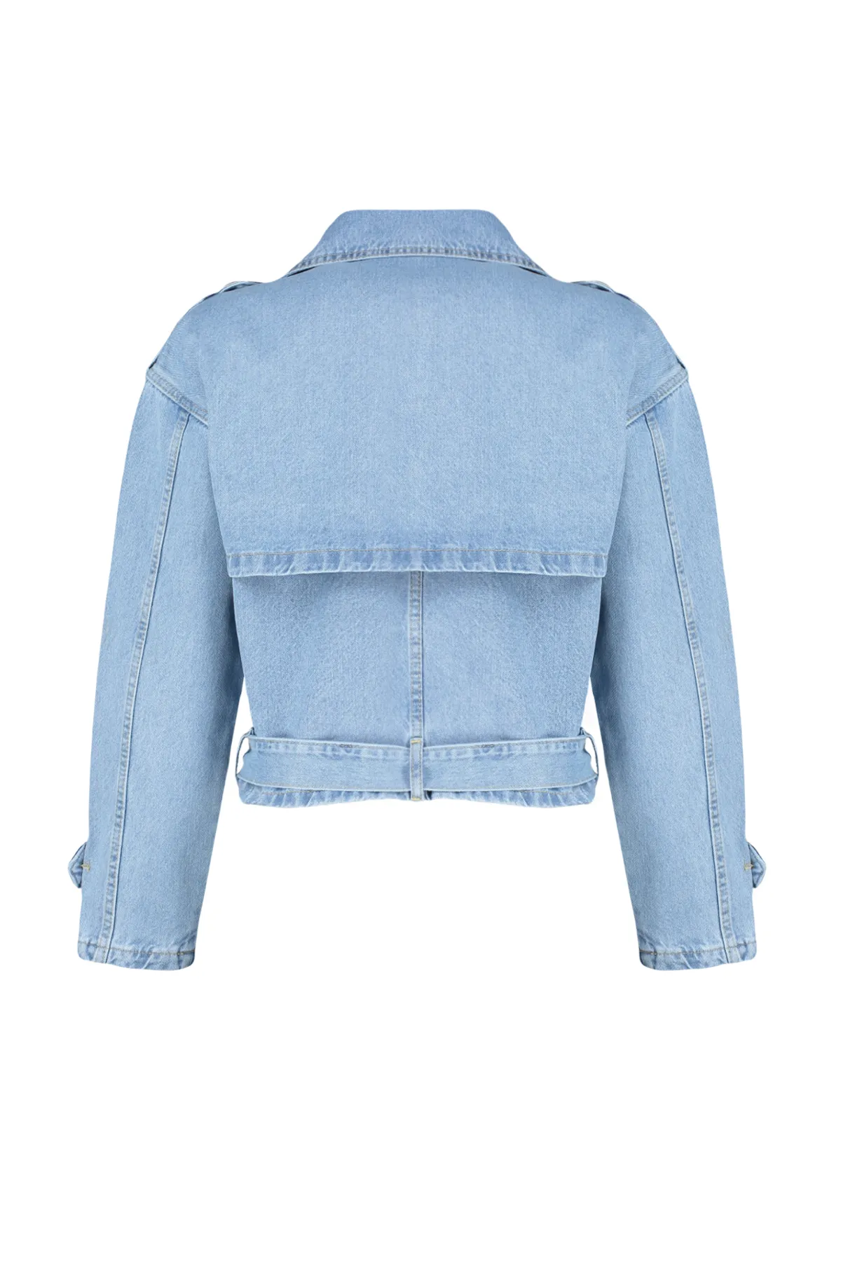 Trendyol Collection  Blauer, kurzer Denim-Trenchcoat mit Gürtel TWOSS24CE00015
