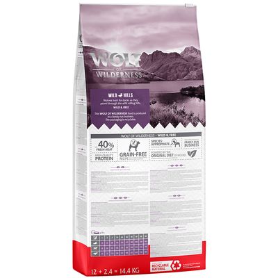 12 + 2,4 kg gratis! 14,4 kg Wolf of Wilderness - getreidefrei