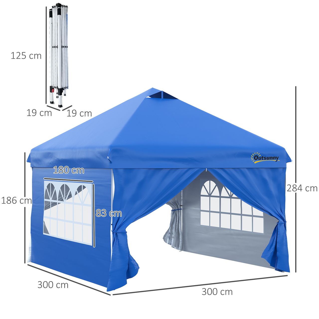 Outsunny Pavillon 3x3m Faltpavillon 4 Seitenwände mit Fenster Tür Festzelt Gartenzelt Pop-Up-Pavillon inkl. Heringe Abspannseile Tragetasche Metall Oxford Blau
