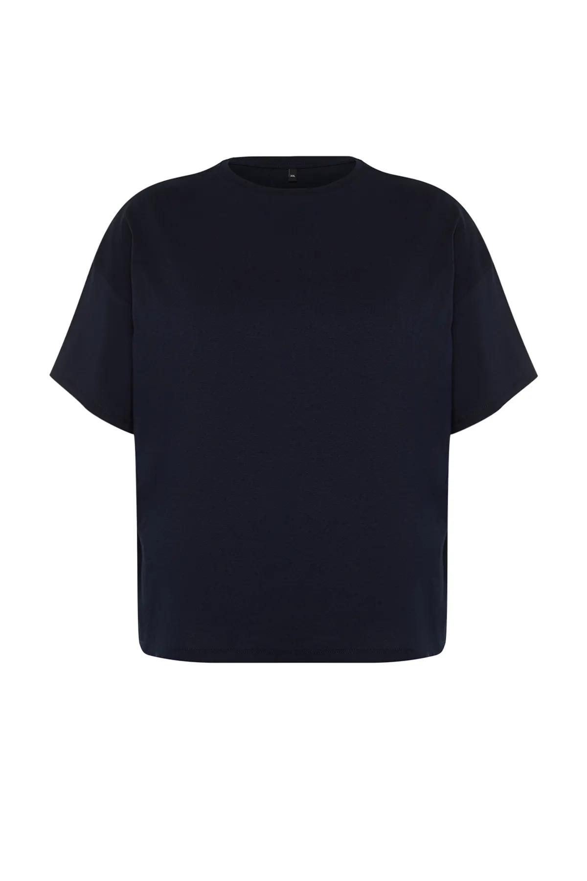 Trendyol Curve  Marineblaues Strick-T-Shirt mit Rundhalsausschnitt, 100 % Baumwolle, hinten bedruckt, entspannt/weit, entspannte Passform, TBBSS24BF00025