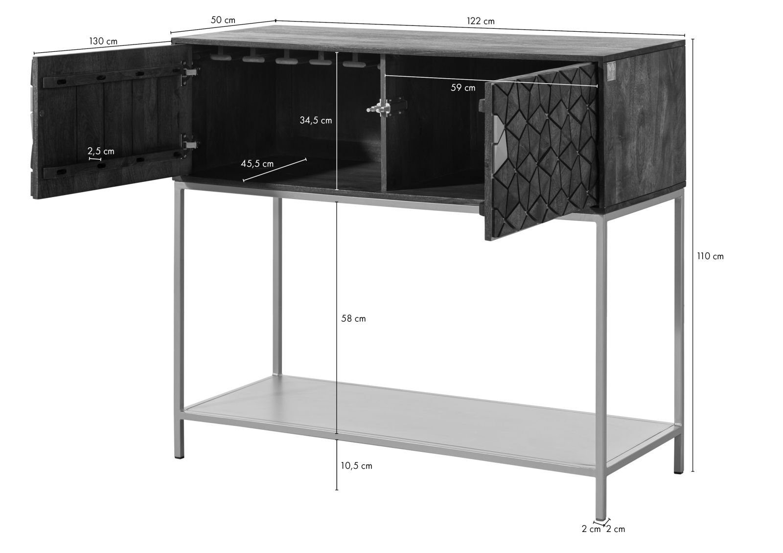 Massivmoebel24 Barschrank Bar Mango 122x50x110 grau geölt DIAMOND #113