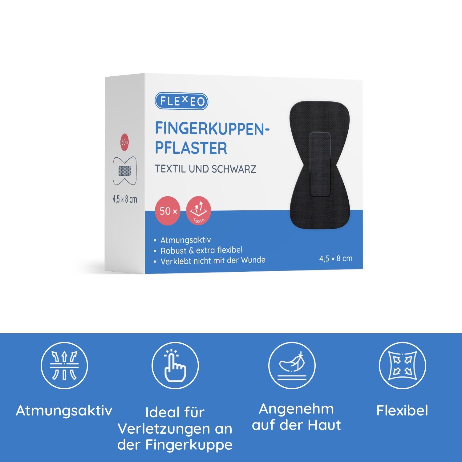 FLEXEO Wundpflaster Fingerkuppenpflaster (50 St), Textil schwarz, 4,5x8cm