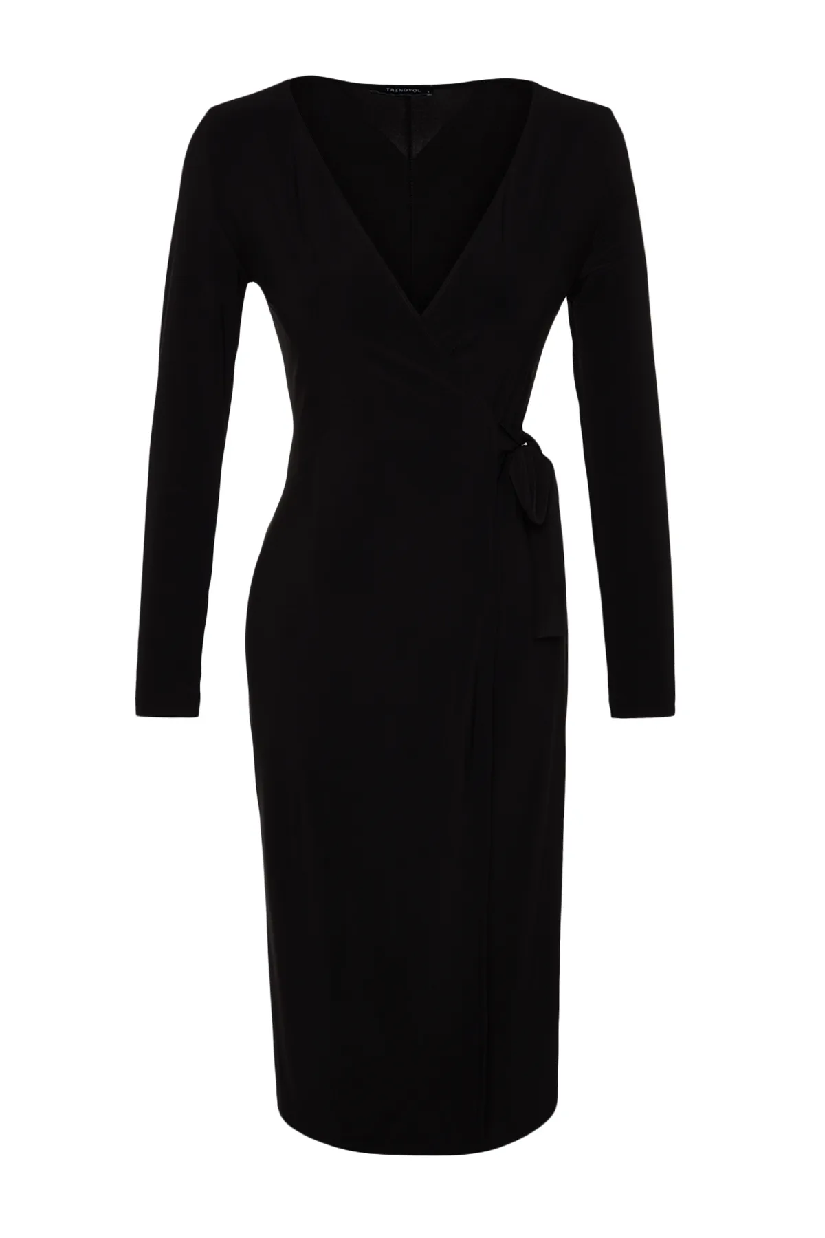 Trendyol Collection  Schwarzes, zweireihiges, figurbetontes Midi-Strickkleid mit Gürtel und Kragen TWOAW24EL00290