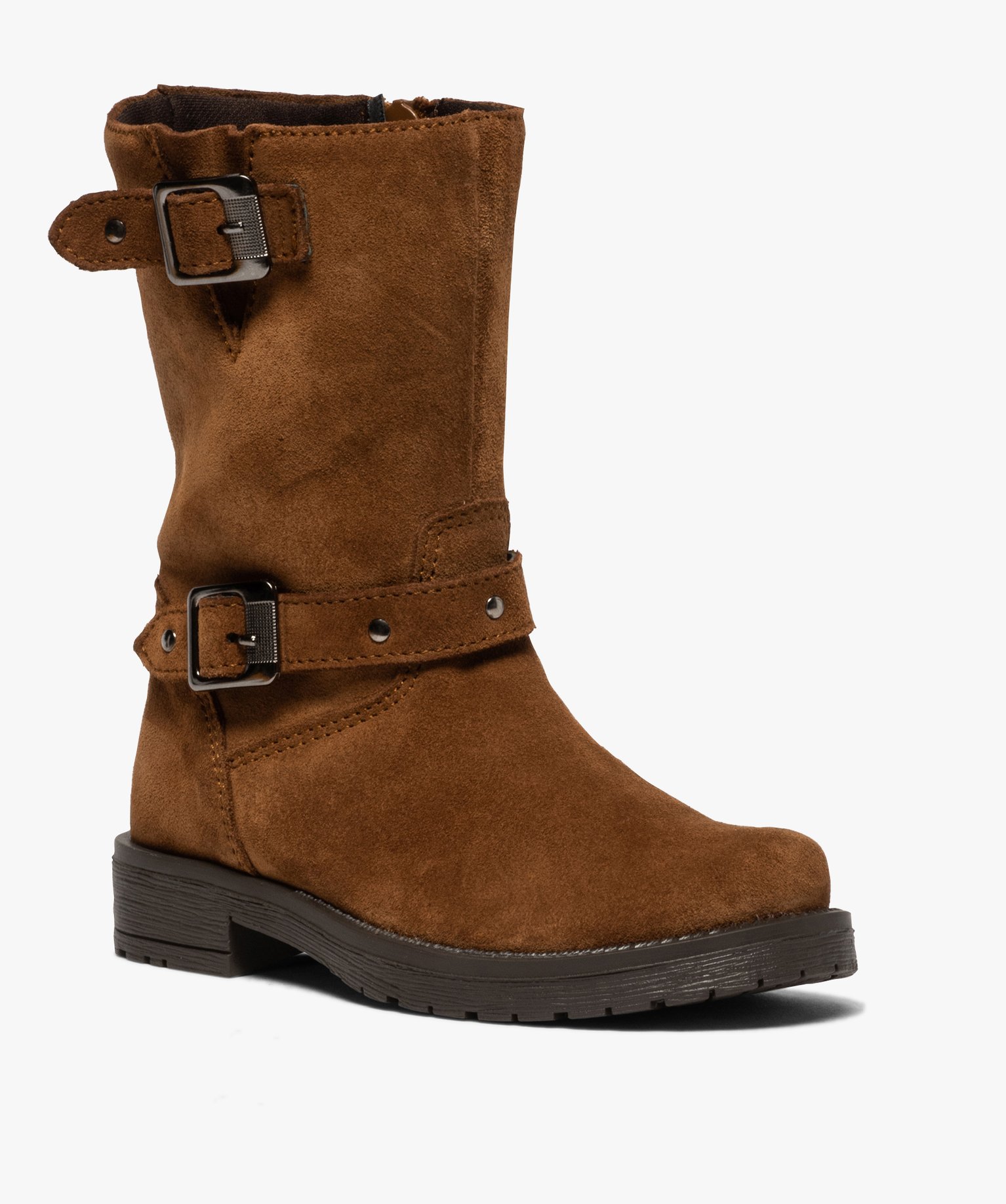Bottes fille unies dessus cuir à brides décoratives | GEMO
