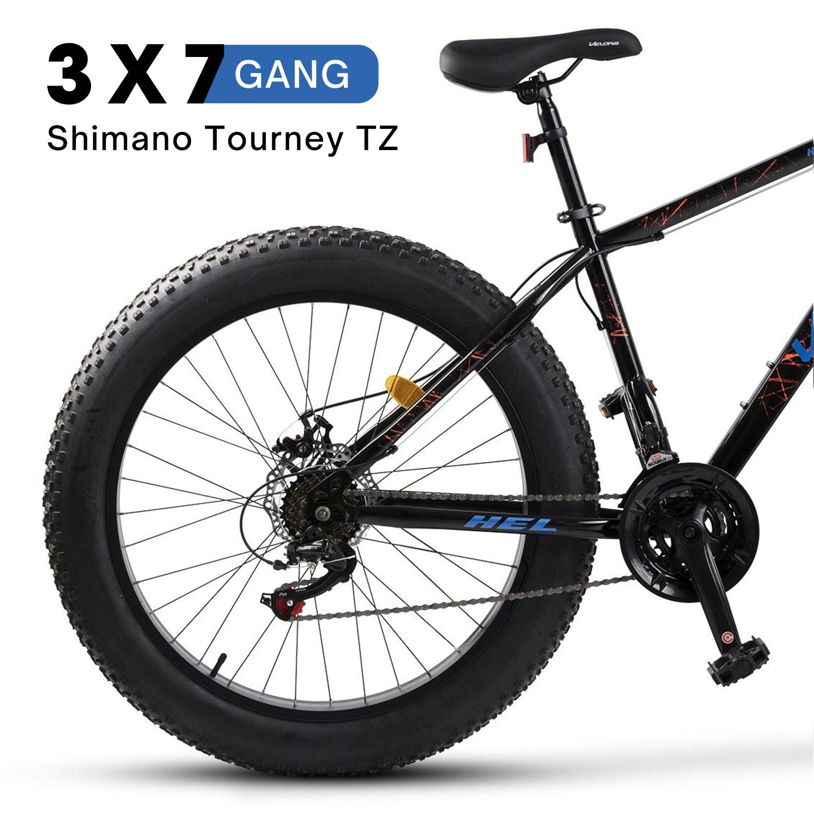 Velors Fatbike 26 Zoll Mountainbike 4,0 Fat Tire MTB für Herren Damen und Jungen, 21 Gang Shimano Tourney TZ-500 Schaltwerk, Kettenschaltung, mechanische Scheibenbremse, Hardtail Fahrrad, Fat Bike
