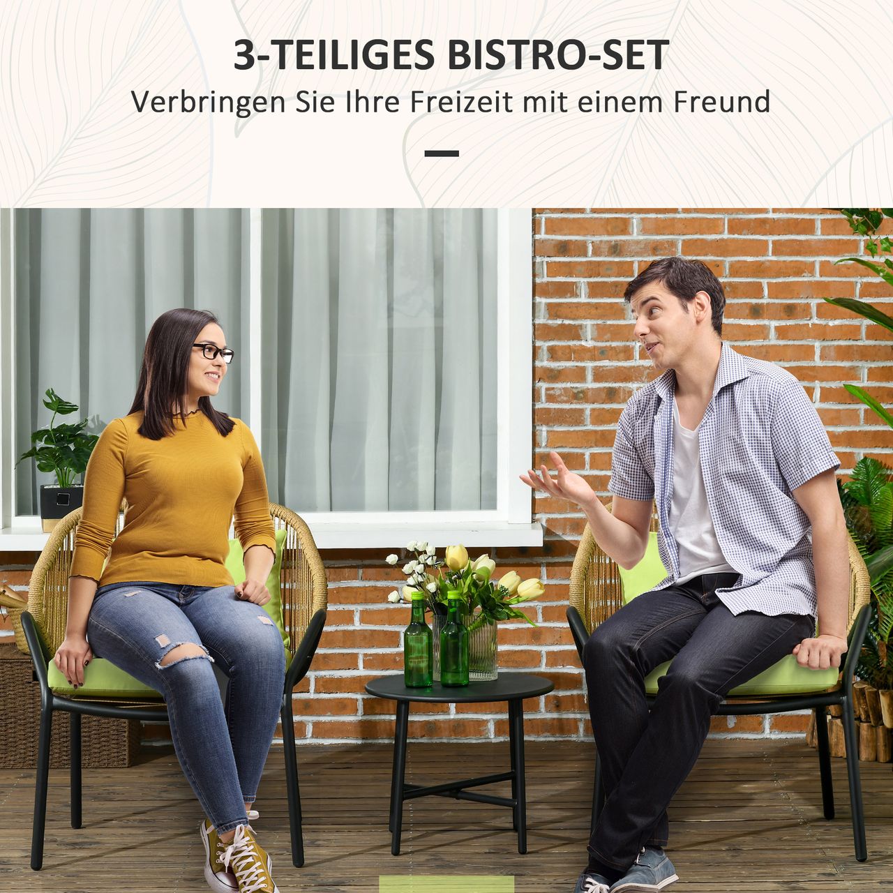 Outsunny Rattan Gartenmöbel-Set Gartengarnitur mit 2 Stühlen, Beistelltisch