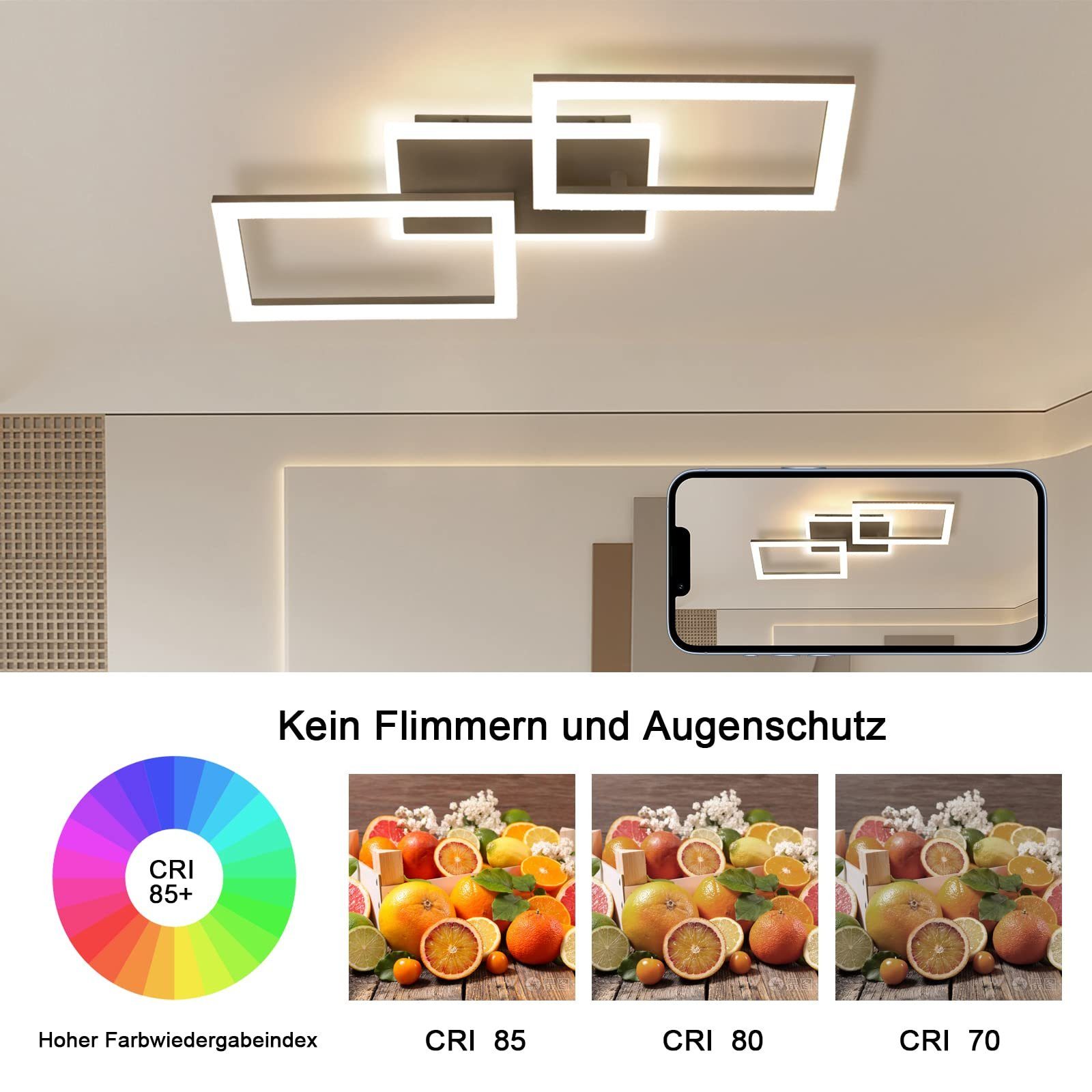 ZMH LED Deckenleuchte Drei Rechtecken Kristall Modern LEDs für Schlafzimmer 57*48cm, Dimmbar, LED fest integriert, warmweiß-kaltweiß, Schwarz