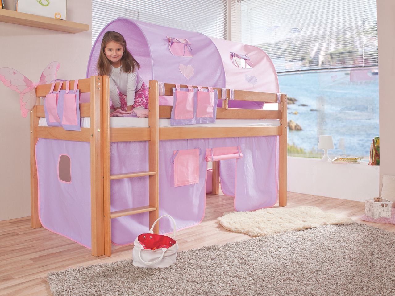 Relita Halbhohes Spielbett ALEX Buche massiv natur lackiert mit Stoffset purple/rosa/herz