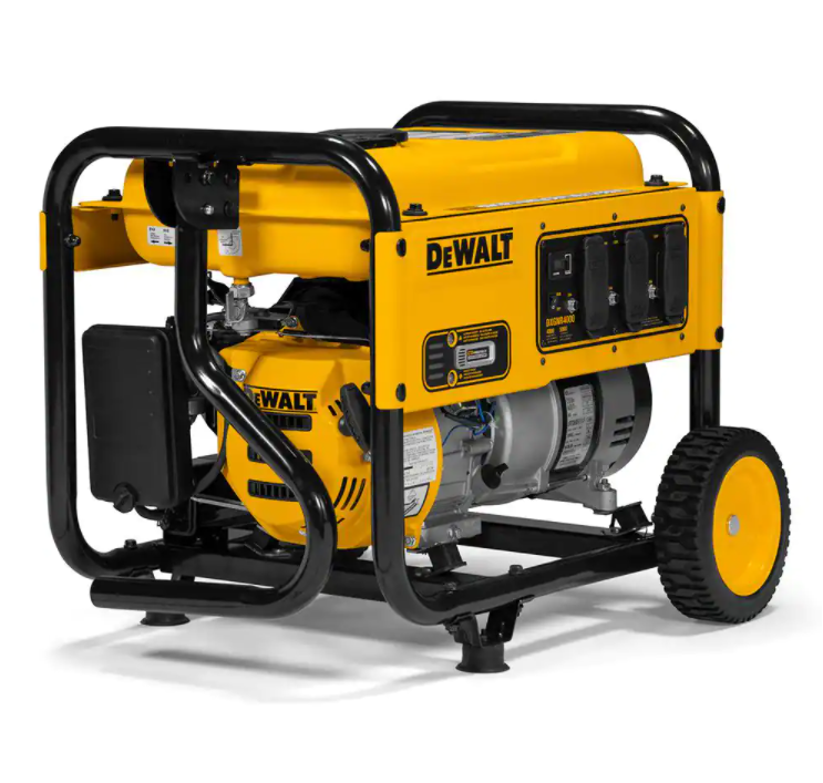 Gerador portátil a gasolina DEWALT de 8000 W com partida elétrica, controle de marcha lenta, tomadas GFCI e proteção contra monóxido de carbono.