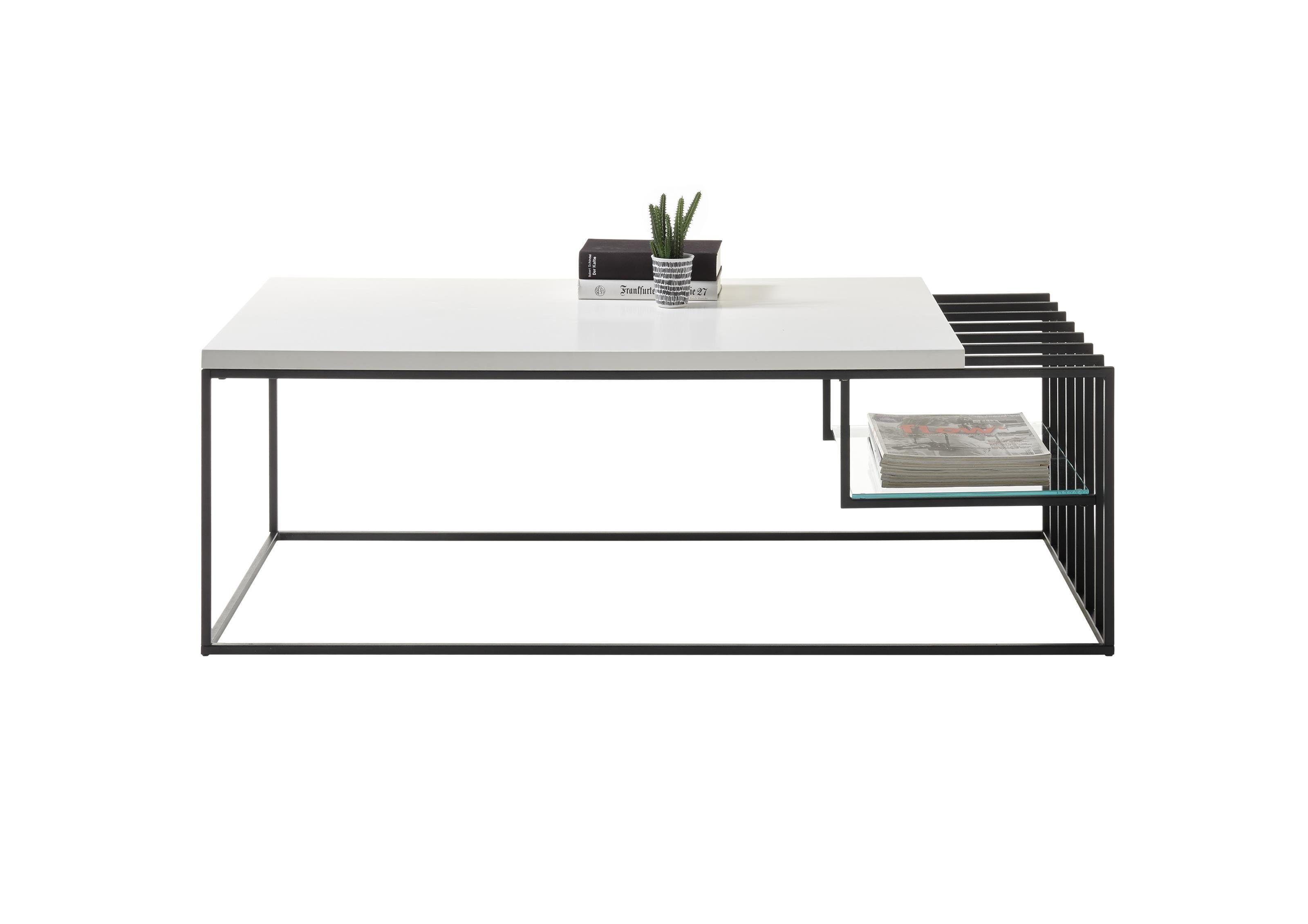möbelando Couchtisch Jurien Bay, Moderner Couchtisch, Tischplatte aus Spanplatte in Weiß matt lackiert, Gestell aus Metall in Schwarz pulverbeschichtet mit 1 offenen Fach. Breite 120 cm, Höhe 40 cm, Tiefe 60 cm