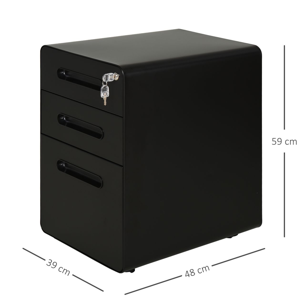 Vinsetto Rollcontainer Aktenschrank Bürocontainer mit 3 Schubladen Büroschrank Aufbewahrung Container Stahl Schwarz 39 x 48 x 59 cm