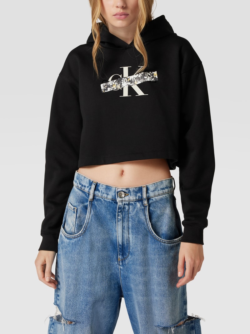Cropped Hoodie mit Logo-Print Modell 'FLORALS' in black