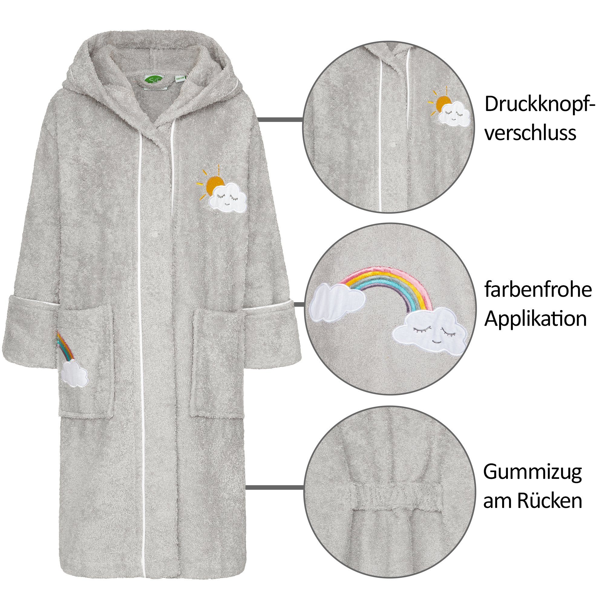 Smithy Kinderbademantel Regenbogen/Wolke, Frottee, Kapuze, Knöpfe, made in Europe