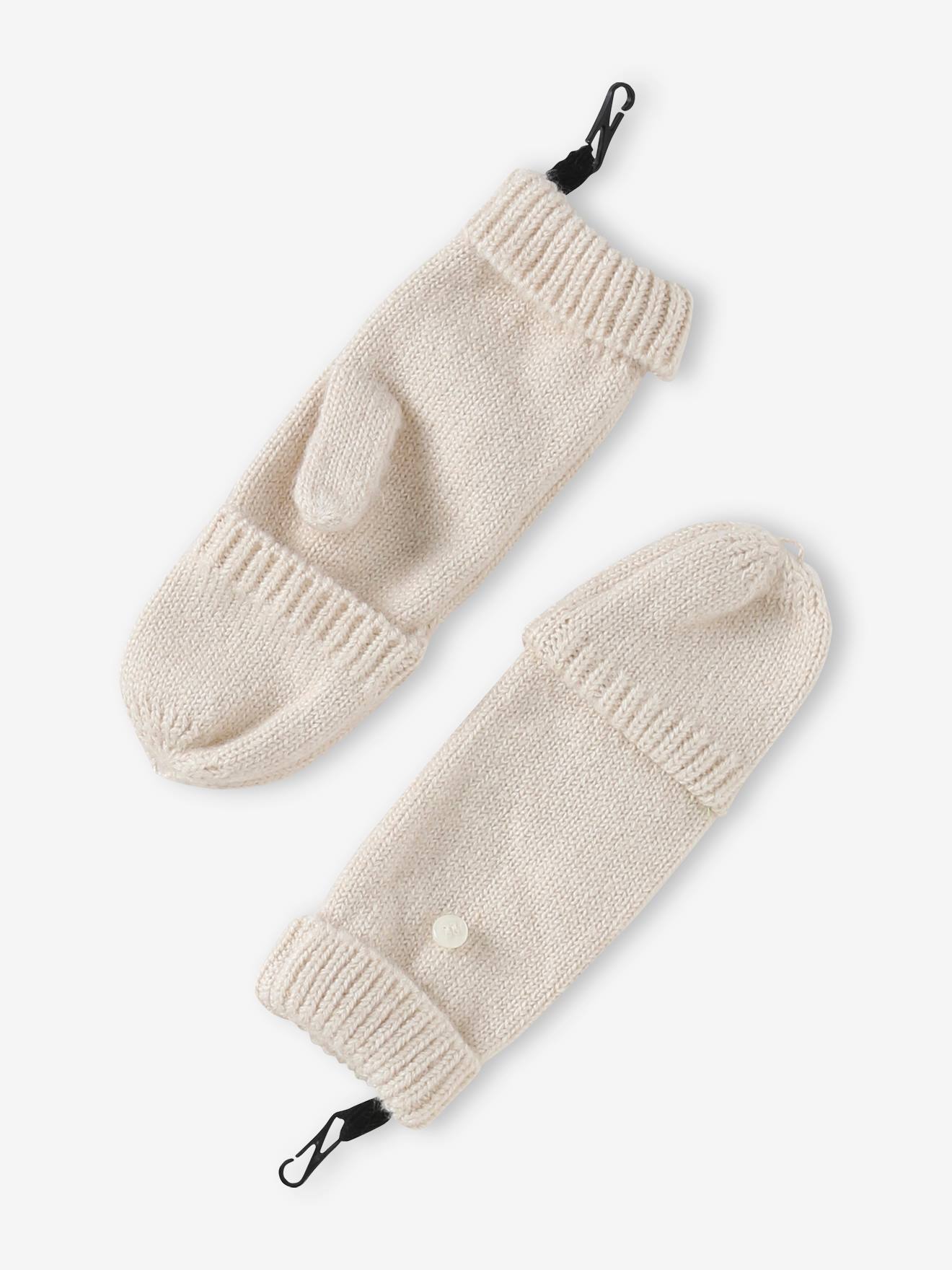 Ensemble fille en maille côtelée bonnet + écharpe + moufles/mitaines beige chiné