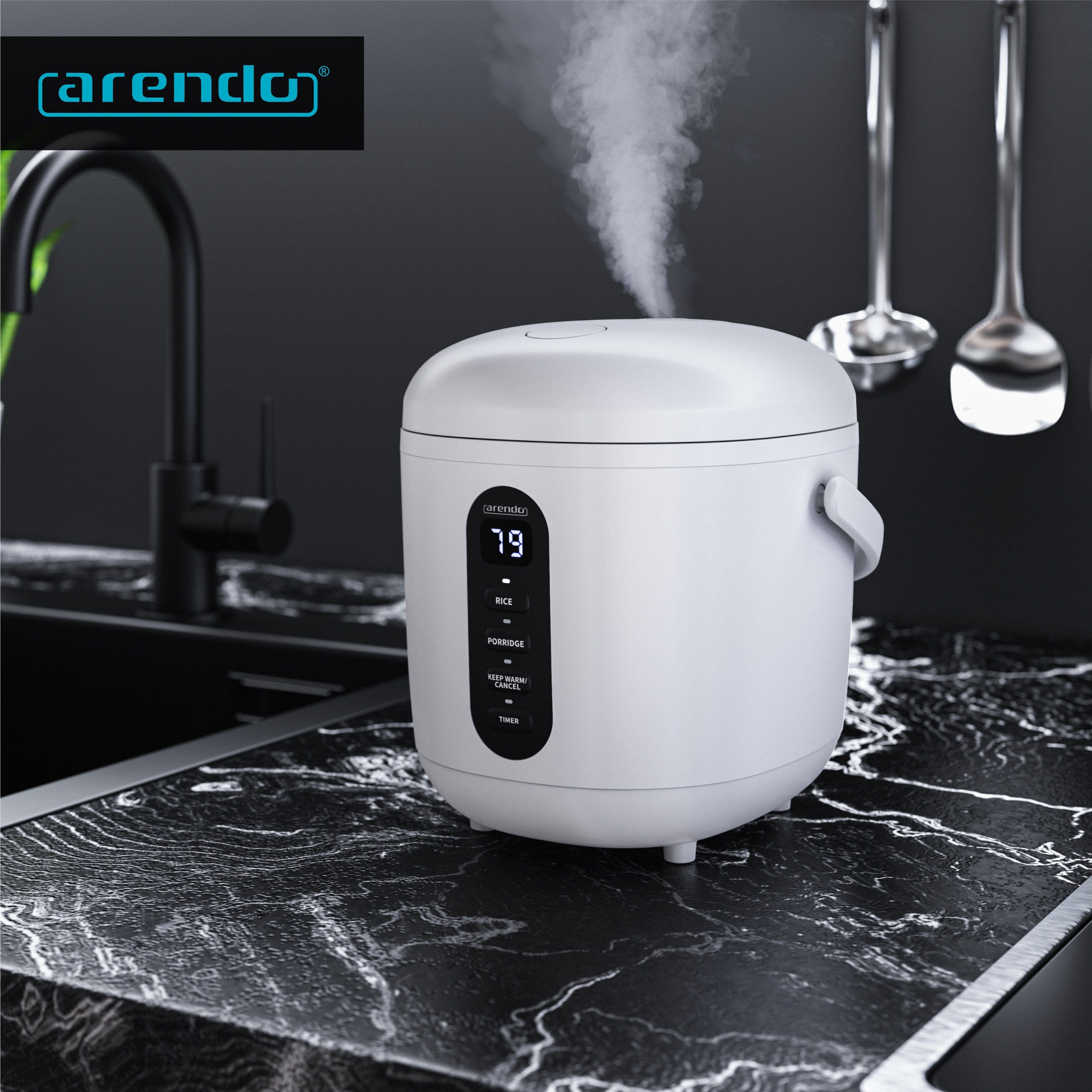 Arendo Reiskocher, 300 W, 0,8l, Messbecher & Reislöffel, Kochprogramme, Timer, Warmhaltefunktion