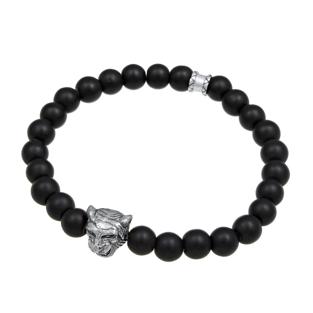 KUZZOI KUZZOI Bracelet Homme Tête de Tigre Onyx Pierres précieuses Noir 925 Argent Bracelet