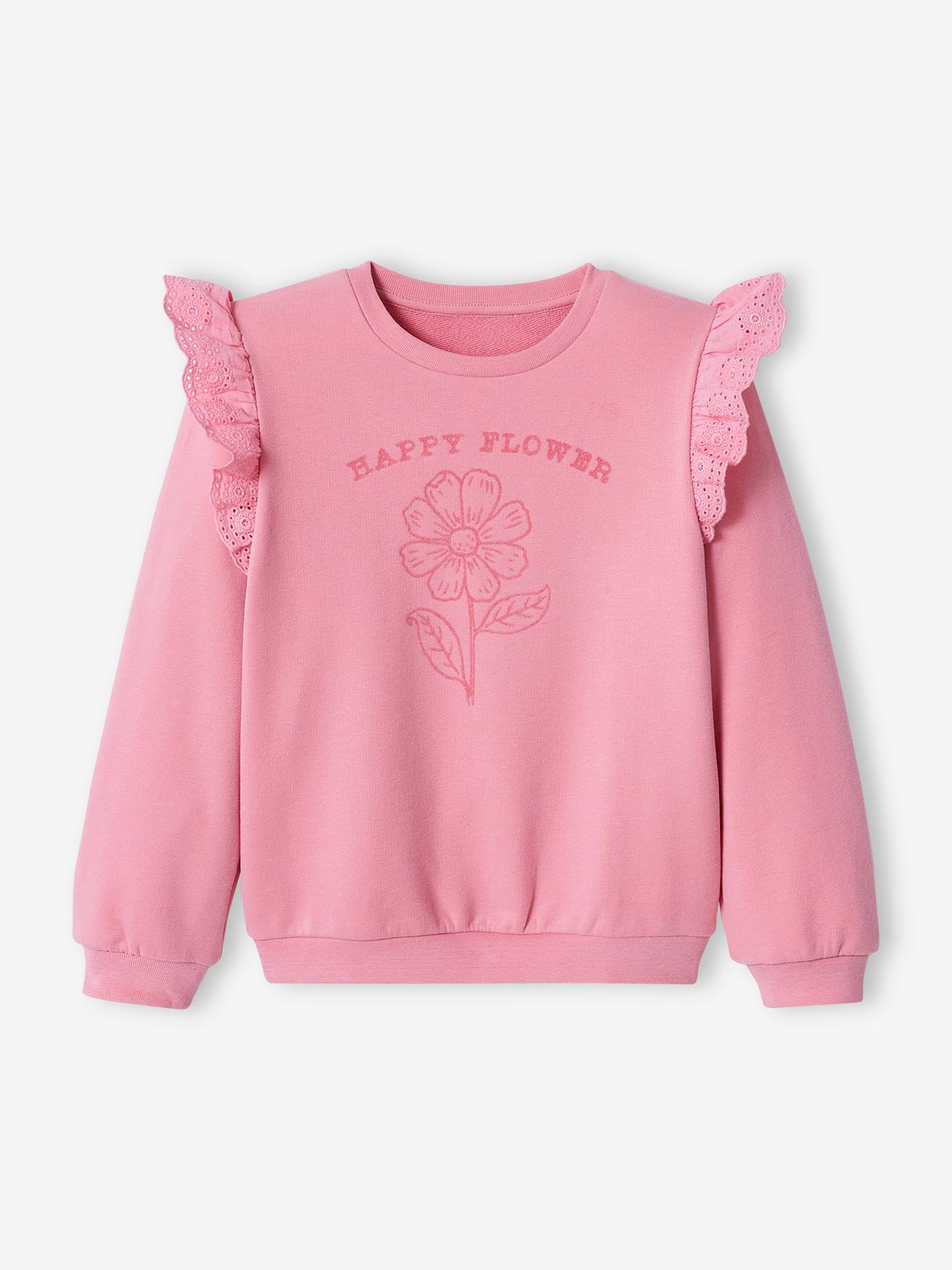 Sweat motif fleur flocké fille volants en broderie anglaise rose bonbon