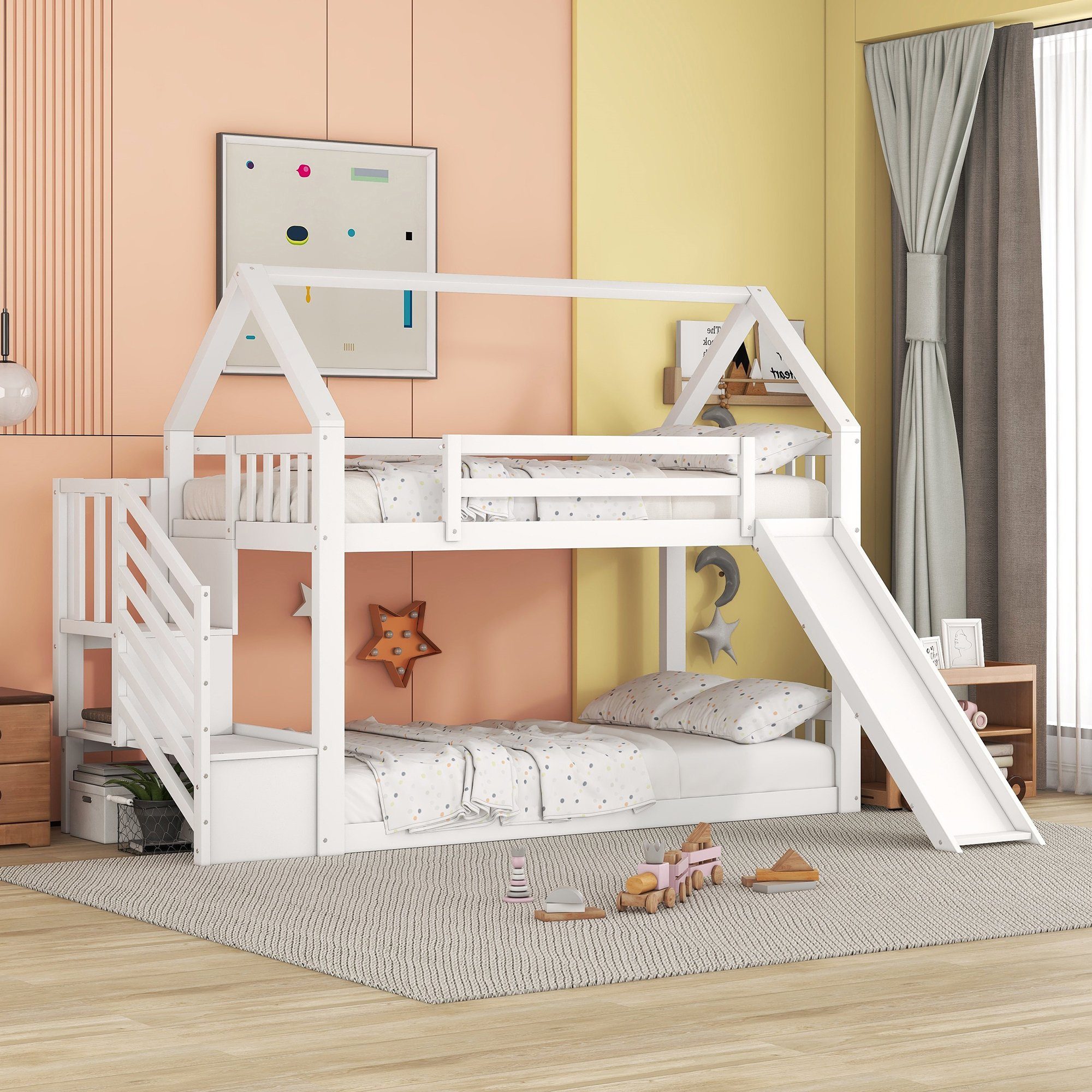 OKWISH Bett Etagenbett, Kinderbett, Hausbett 90x200cm (mit Stauraumtreppe und Rutsche, mit Geländer), geeignet für Kinder, Jugendliche, Ohne Matratze