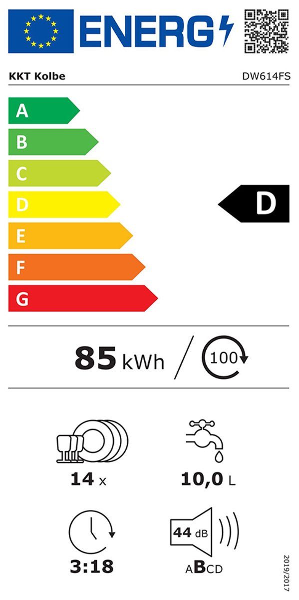 KKT KOLBE Standgeschirrspüler, DW614FS, 10 l, 14 Maßgedecke, 60cm / Edelstahl / AquaStop / 7 Programme / 14 Maßgedecke