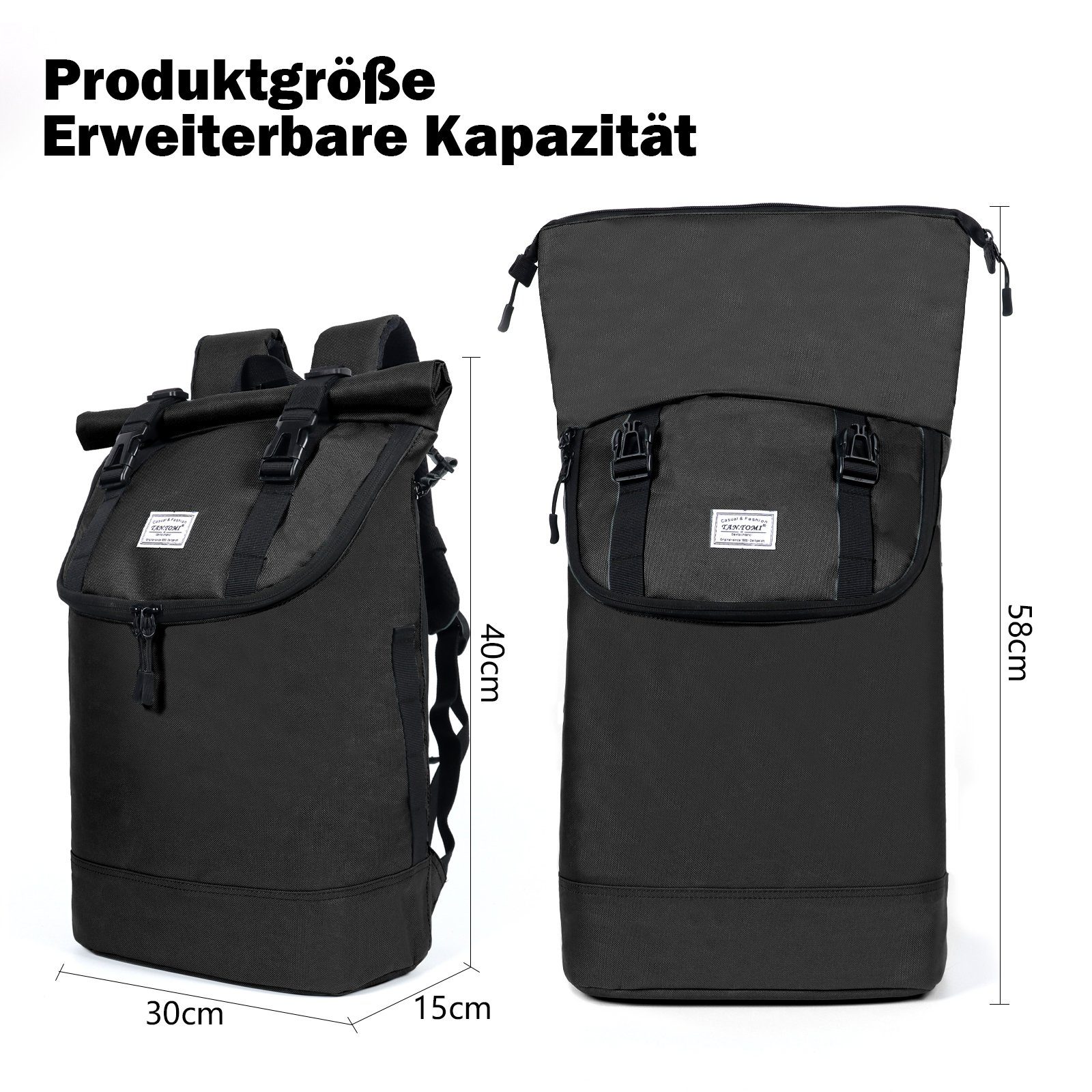 TAN.TOMI Laptoprucksack Rucksack Damen Herren Wasserdichter Leichter, Lässiger Rucksack, mit Laptopfach bis 17 zoll, Modern Rolltop Daypack