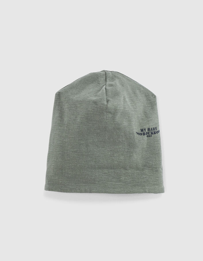 Bonnet réversible kaki et imprimé rock coton bio bébé