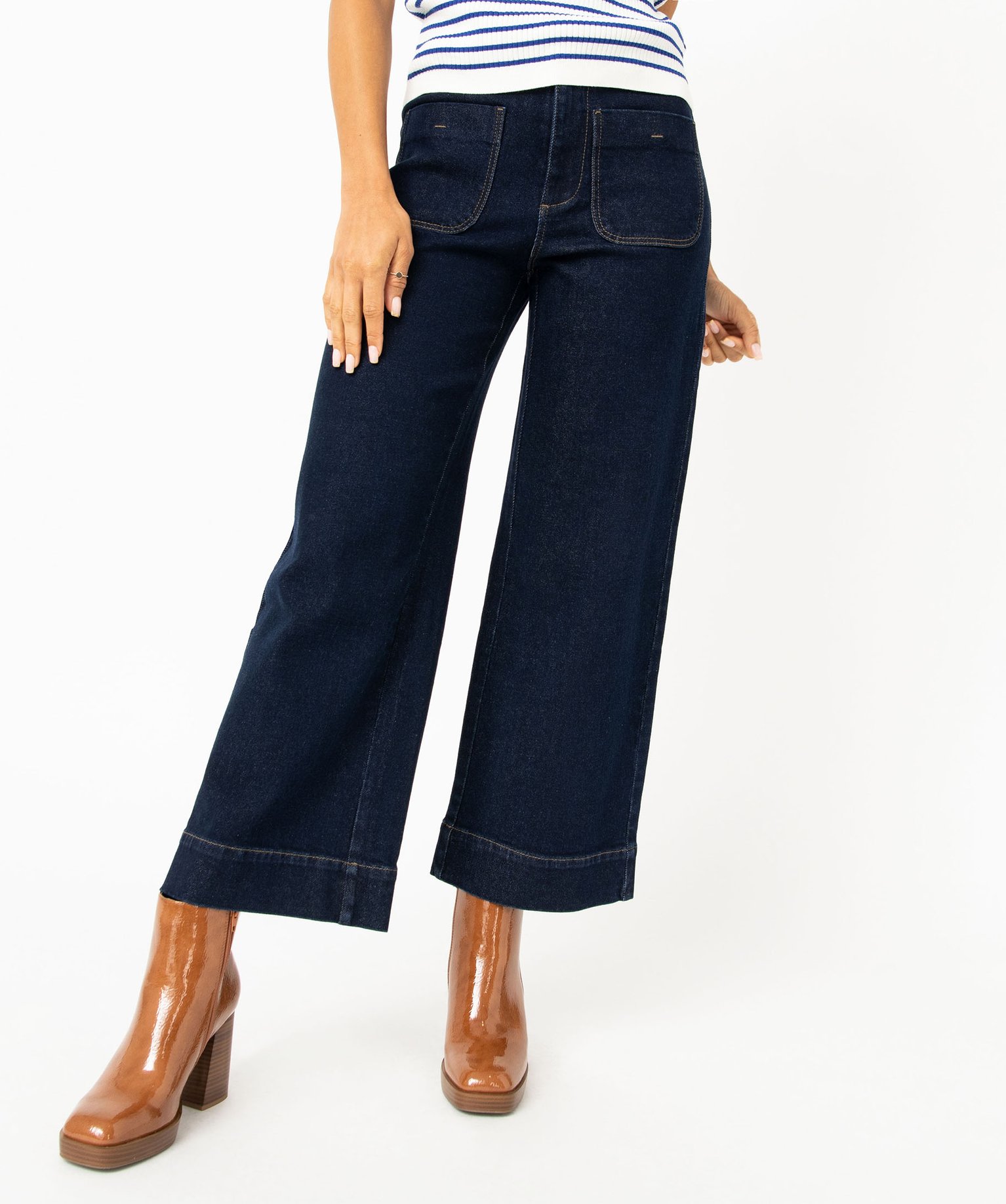Jean wide leg taille haute avec poches plaquées femme bleu fonce | GEMO