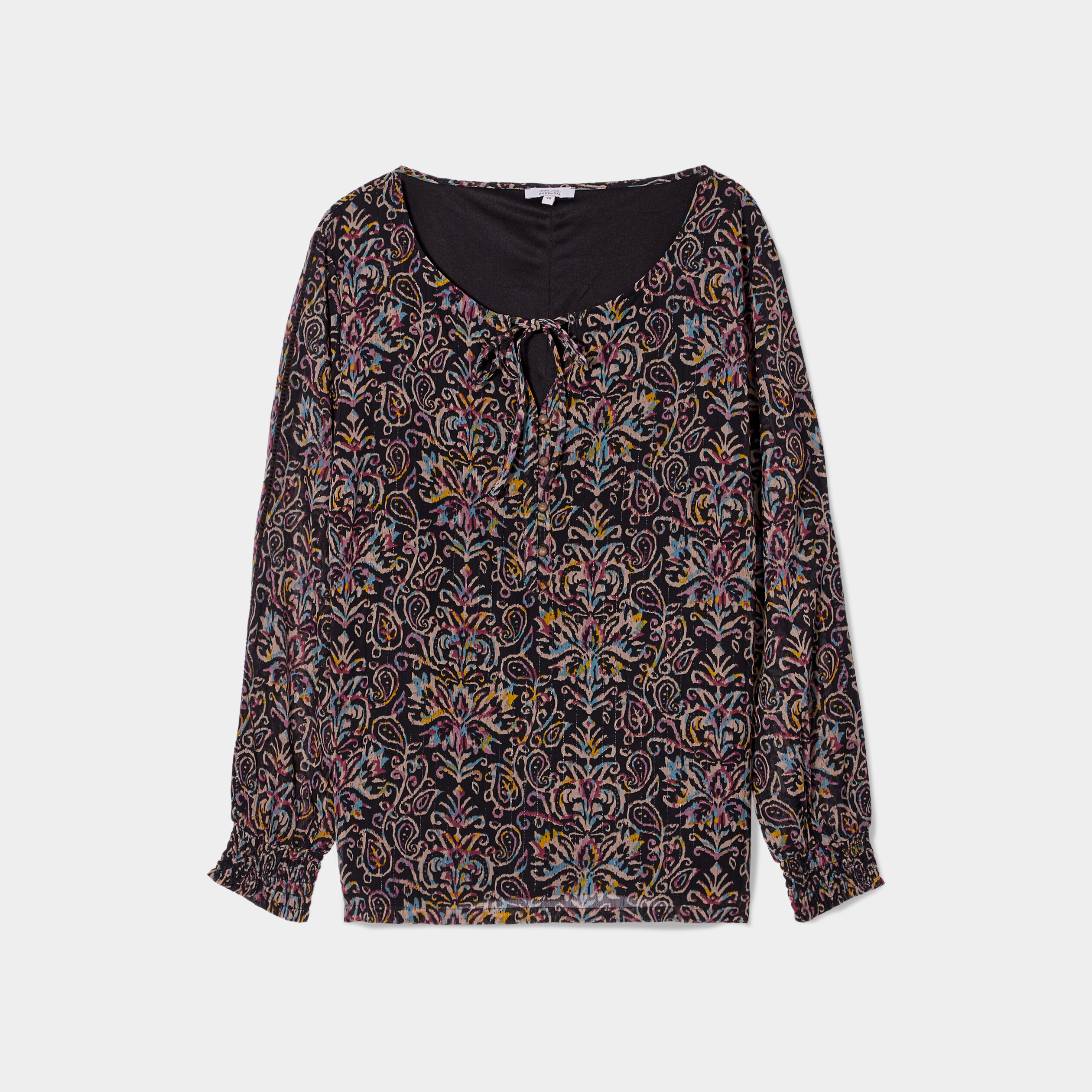 Blouse cordons au col manches longues noir femme grande taille | La Halle