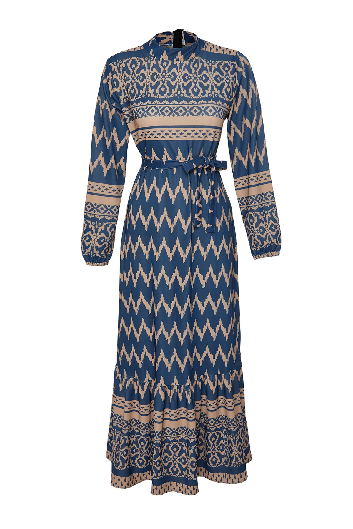 Trendyol Modest  Marineblaues gemustertes Kleid aus Viskosegewebe mit Gürtel TCTSS24EB00258