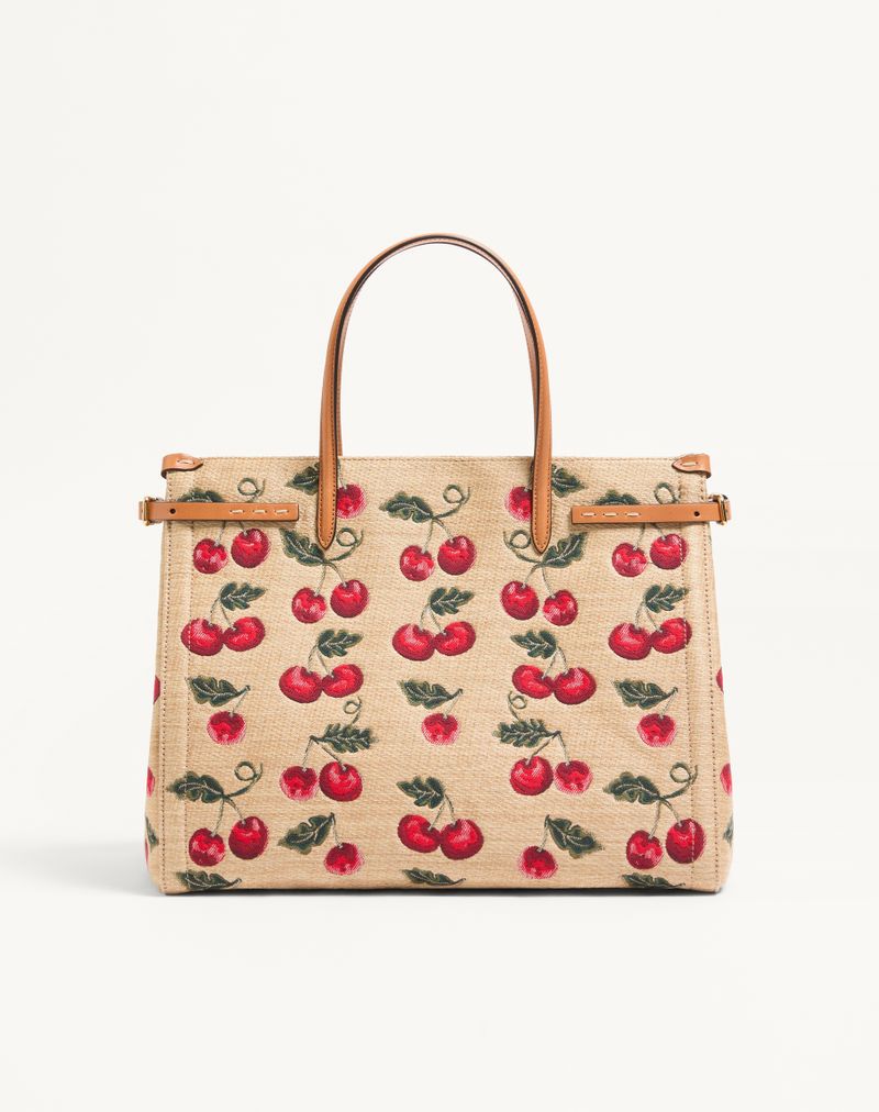 Valentino Garavani Antibes Mellemstor Raffia Jacquard Indkøbstaske med Kirsebærmotiv