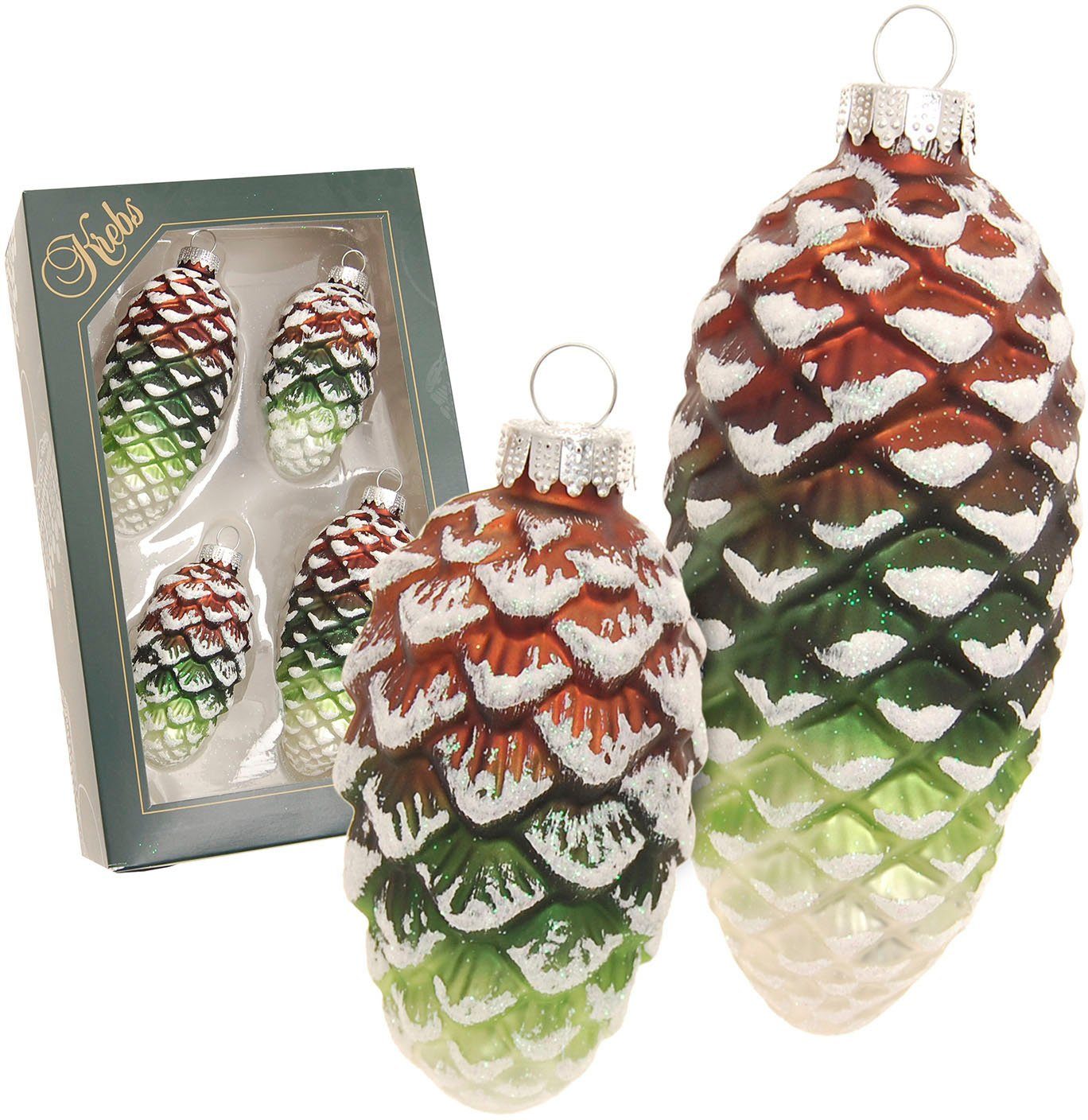 Krebs Glas Lauscha Christbaumschmuck Glas-Tannenzapfen bunt, mit Glitter, 2x klein Ø 8 cm + 2x groß Ø 10 cm (4-tlg), Weihnachtsdeko, Weihnachtsbaumkugel, Christbaumkugeln aus Glas