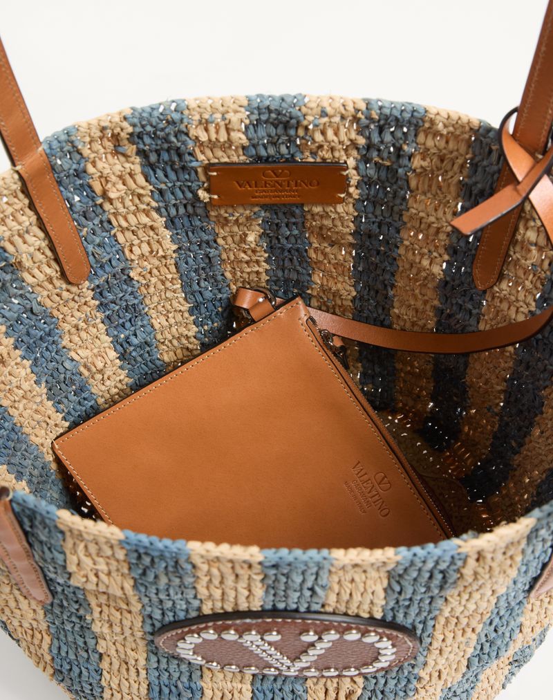 Bolsa de compras listrada de ráfia Valentino Garavani