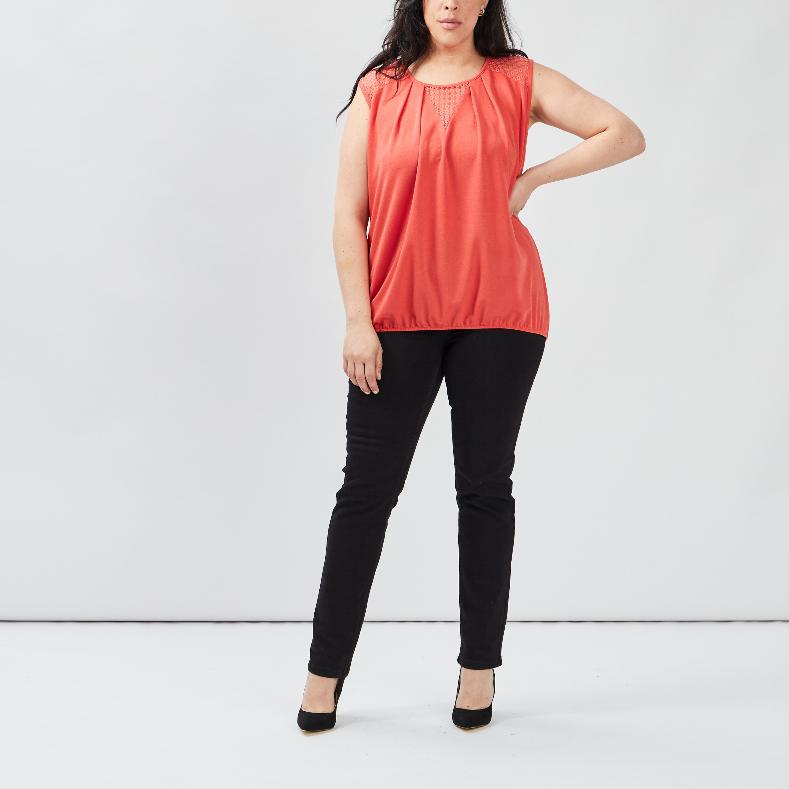 Débardeur empiècement dentelle orange corail femme grande taille | La Halle