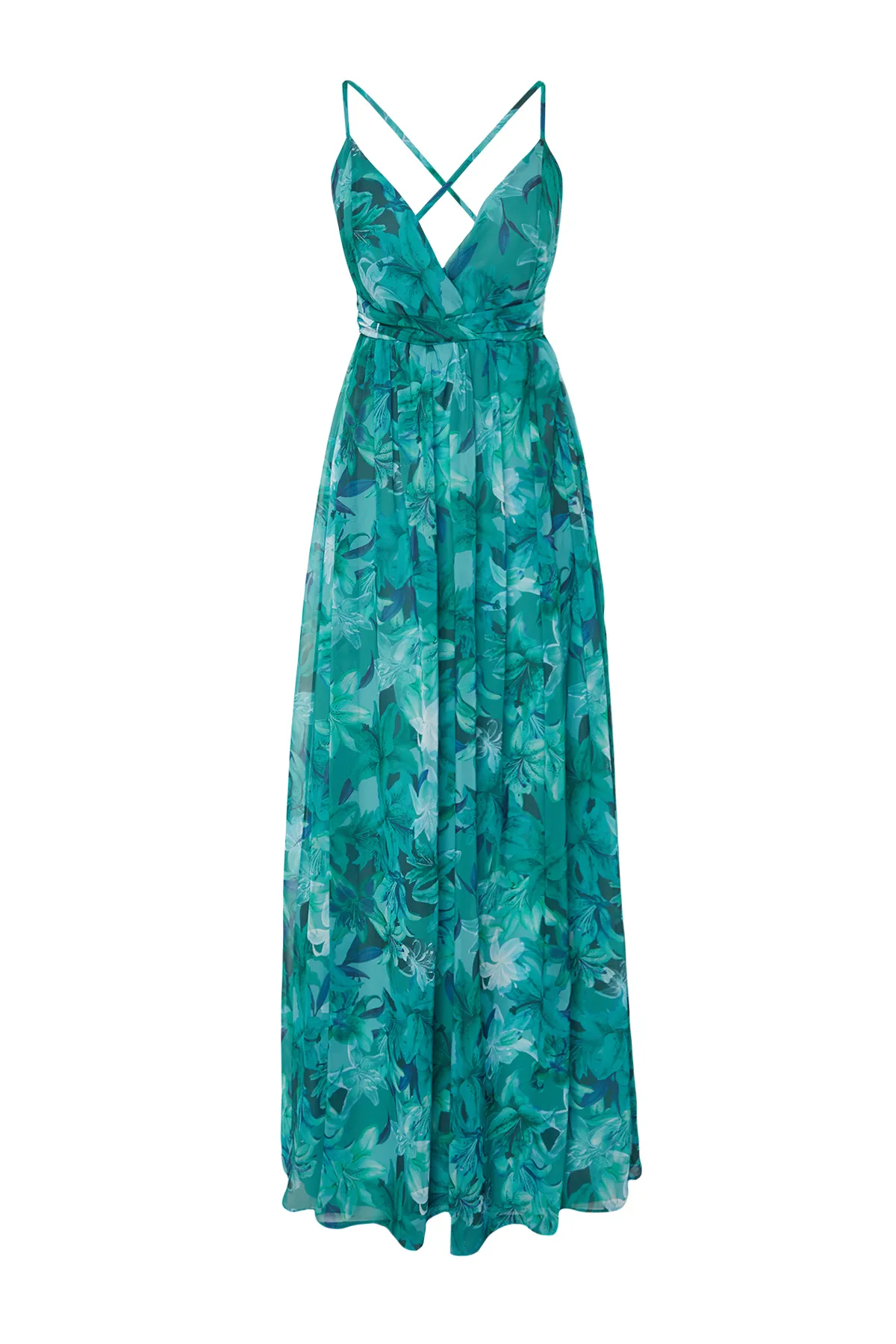 Trendyol Collection  Langes Abendkleid aus Chiffon mit mehrfarbigem Blumenmuster TPRSS24AE00094