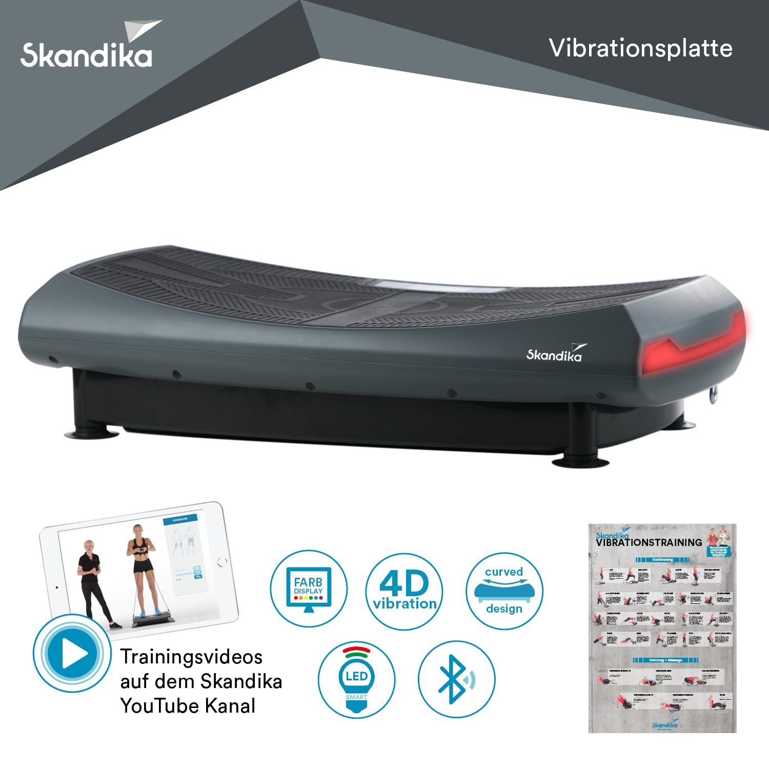 Skandika Vibrationsplatte 4D Vibration Plate V2000 (grau), Curved Design, 2 Kraftvolle Motoren, Flüsterleise
