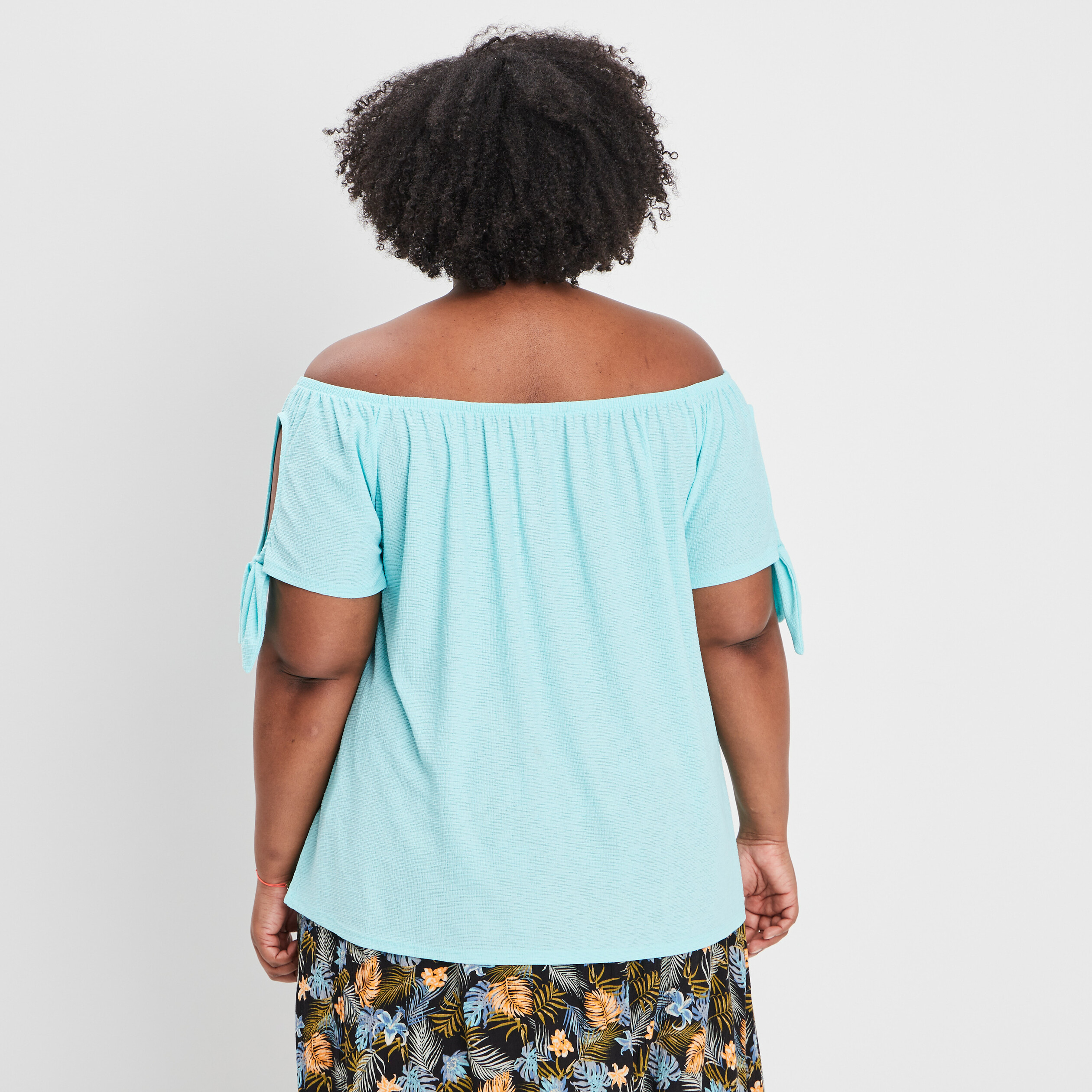 T-shirt col bardot manches courtes bleu turquoise femme grande taille | La Halle
