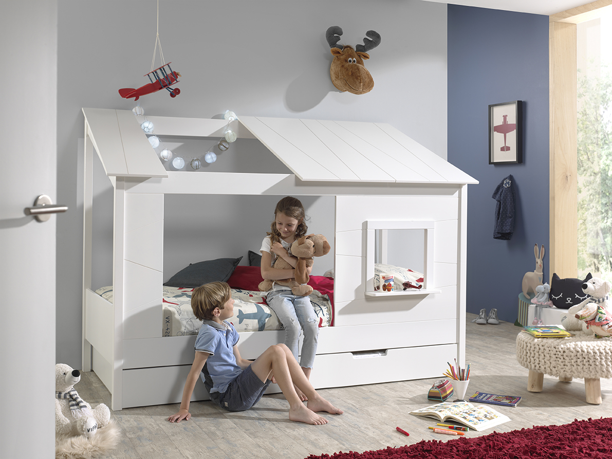 VIPACK Baumhaus Bett 90 x 200 cm Liegefläche und Bettschublade offenes Dach Weiß lackiert