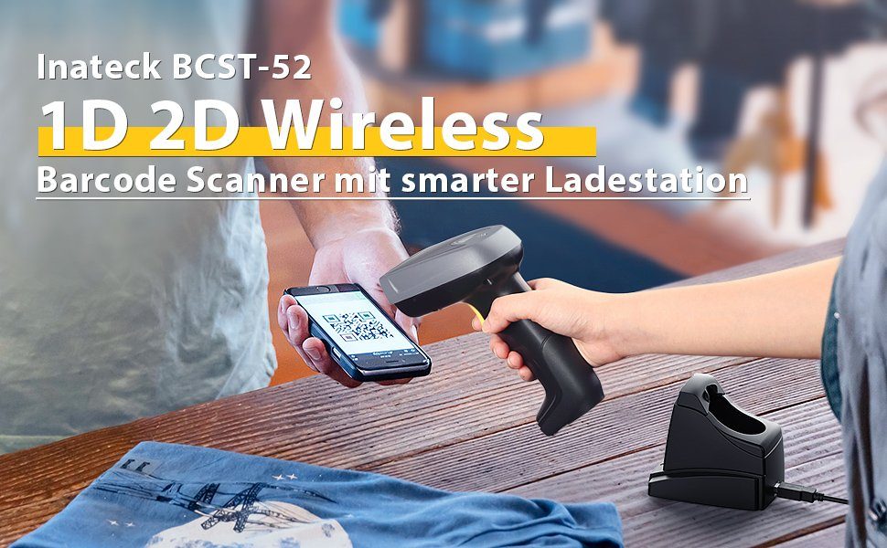 Inateck 1D/2D QR Barcode Scanner Bluetooth mit Ladestation Handscanner