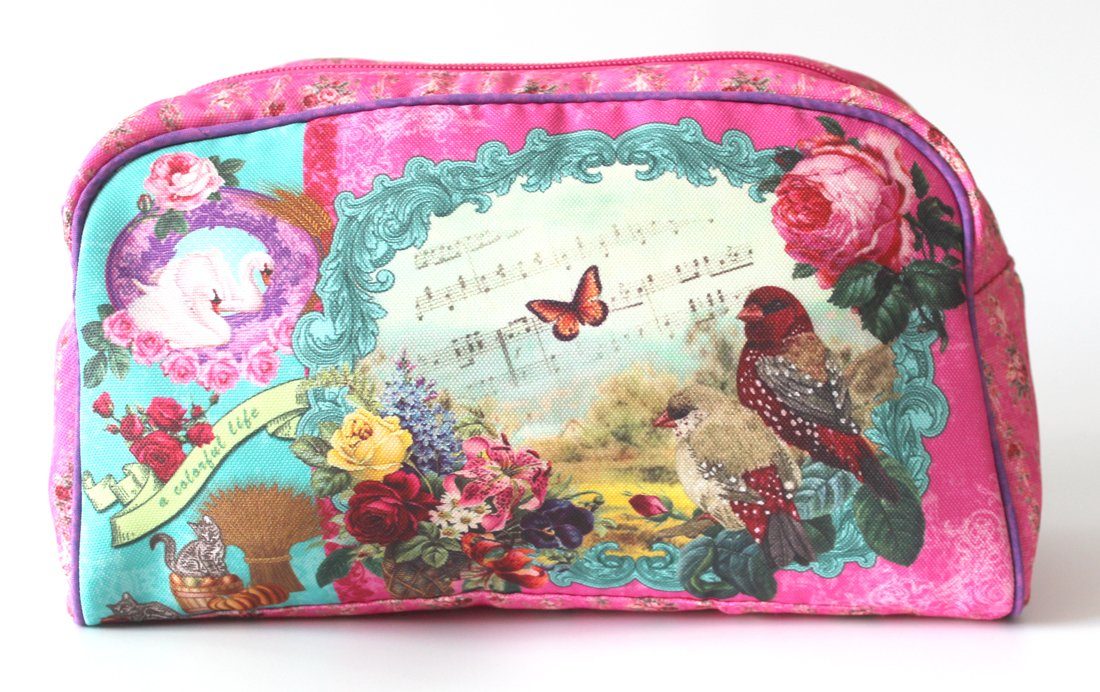LB H&F Lilienburg Kulturbeutel Tasche Täschchen Kosmetiktasche Schminktasche Kosmetiktäschchen (Hygge Nostalgie Stoff Rose Stoff Kinder Shabby Vintage Nostalgie türkis rosa IT Mädchen Rosen Damen Frauen Geburtstag Geschenkidee Muster bunte Vogel, kle