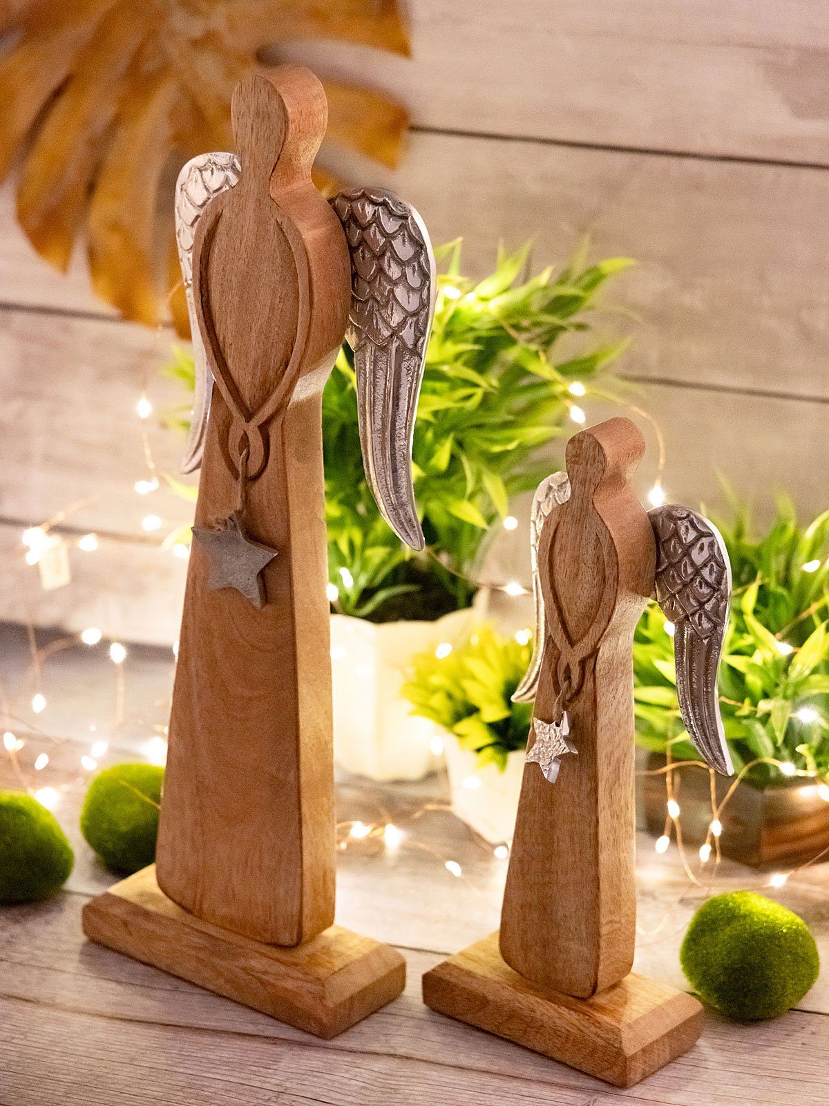Casamia Dekofigur Dekofigur Engel 2er Set 12/16x32/47cm Weihnachten Mangoholz Aluminium