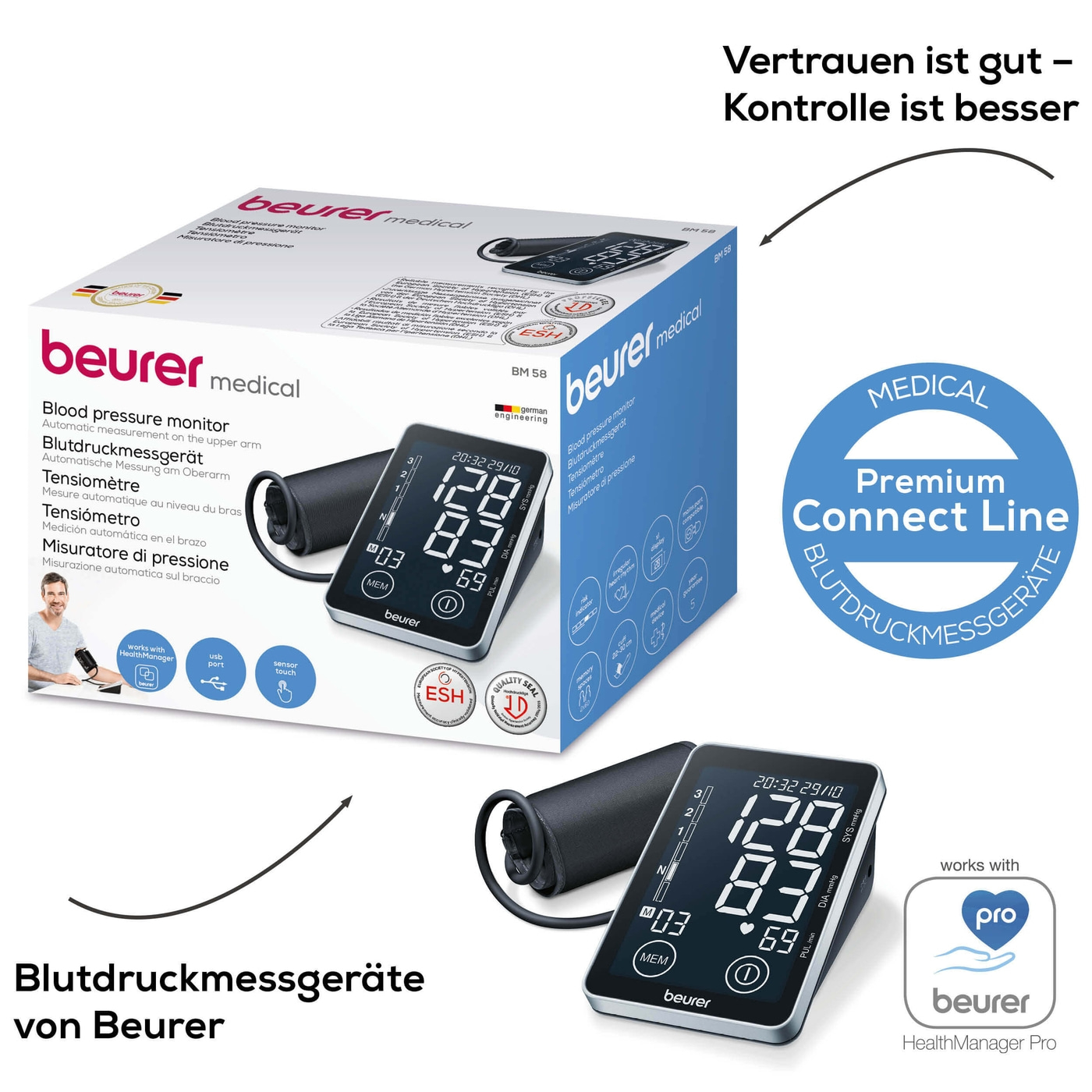 Beurer Oberarm-Blutdruck-messgerät BM 58-Oberarm-Blutdruckmessgerät mit PC-Schnittstelle & XL-Schwarzdisplay