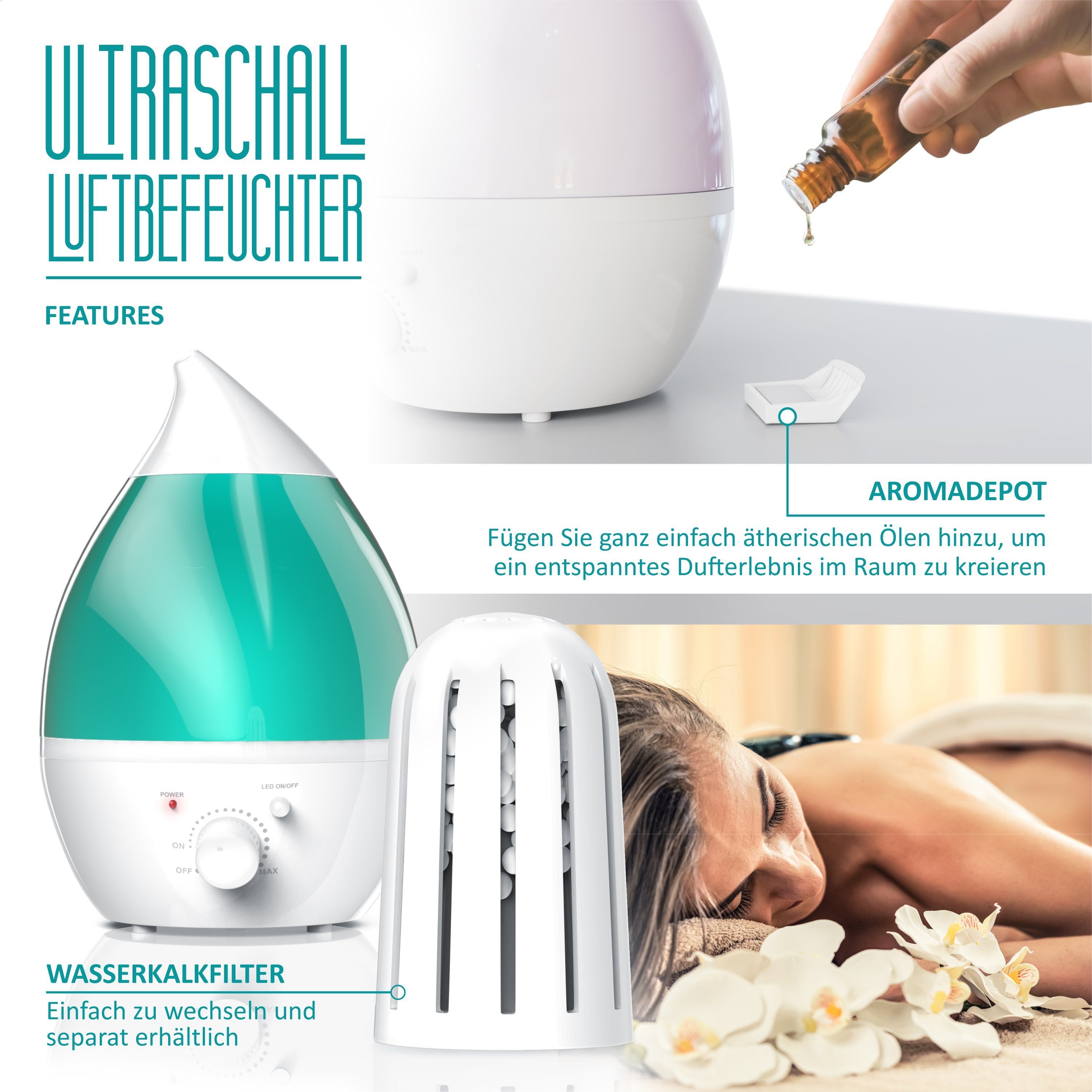 Arendo Luftbefeuchter, 1,3 l Wassertank, Raumbefeuchter mit Ultraschall & LED-Farbwechsel inkl. Wasserfilter