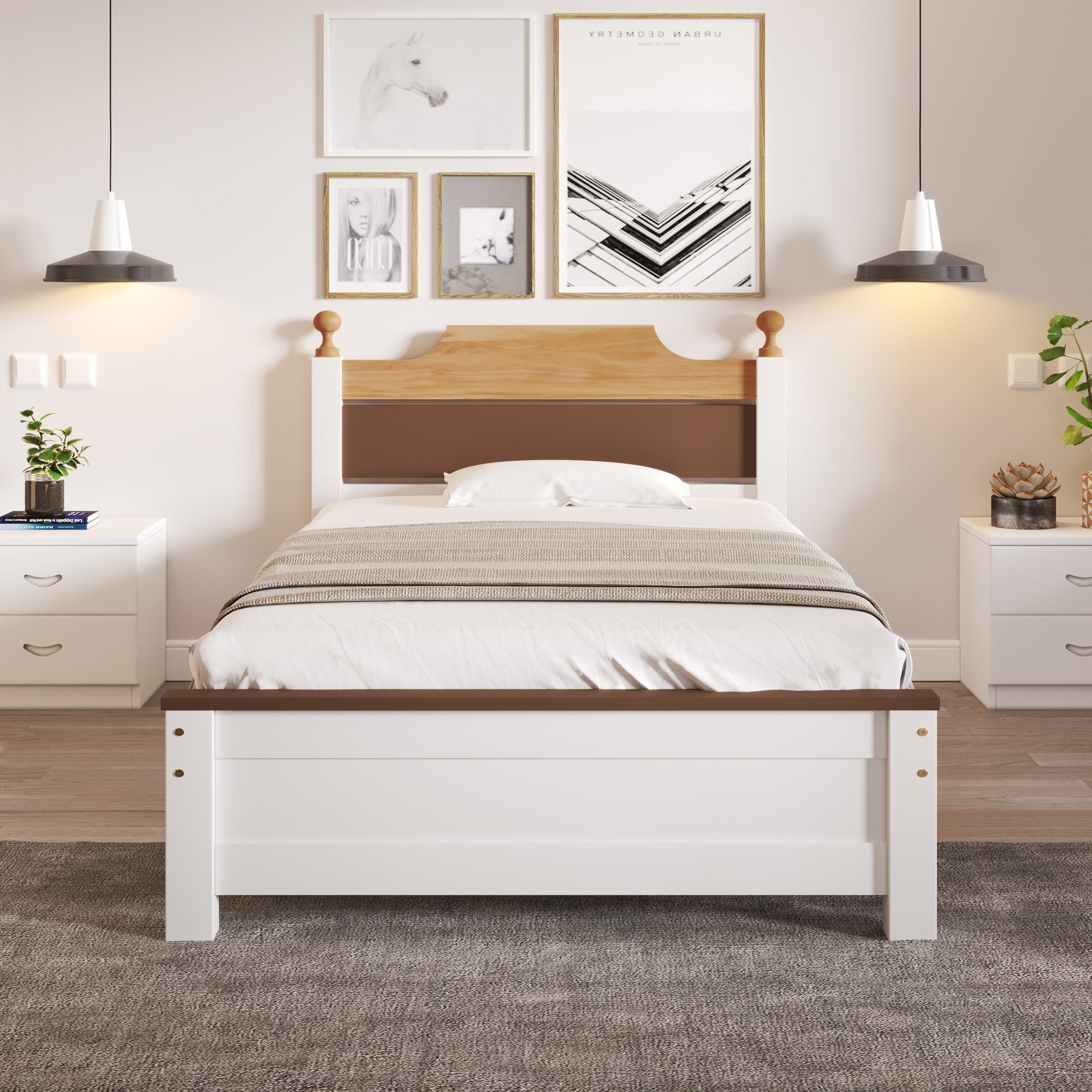 HAUSS SPLOE Holzbett Einzelbett Holzbett Bettrahmen Kinderbett Jugendbett (90x200 cm, Kiefernholzrahmen mit Mittelfuß), ohne Matratze