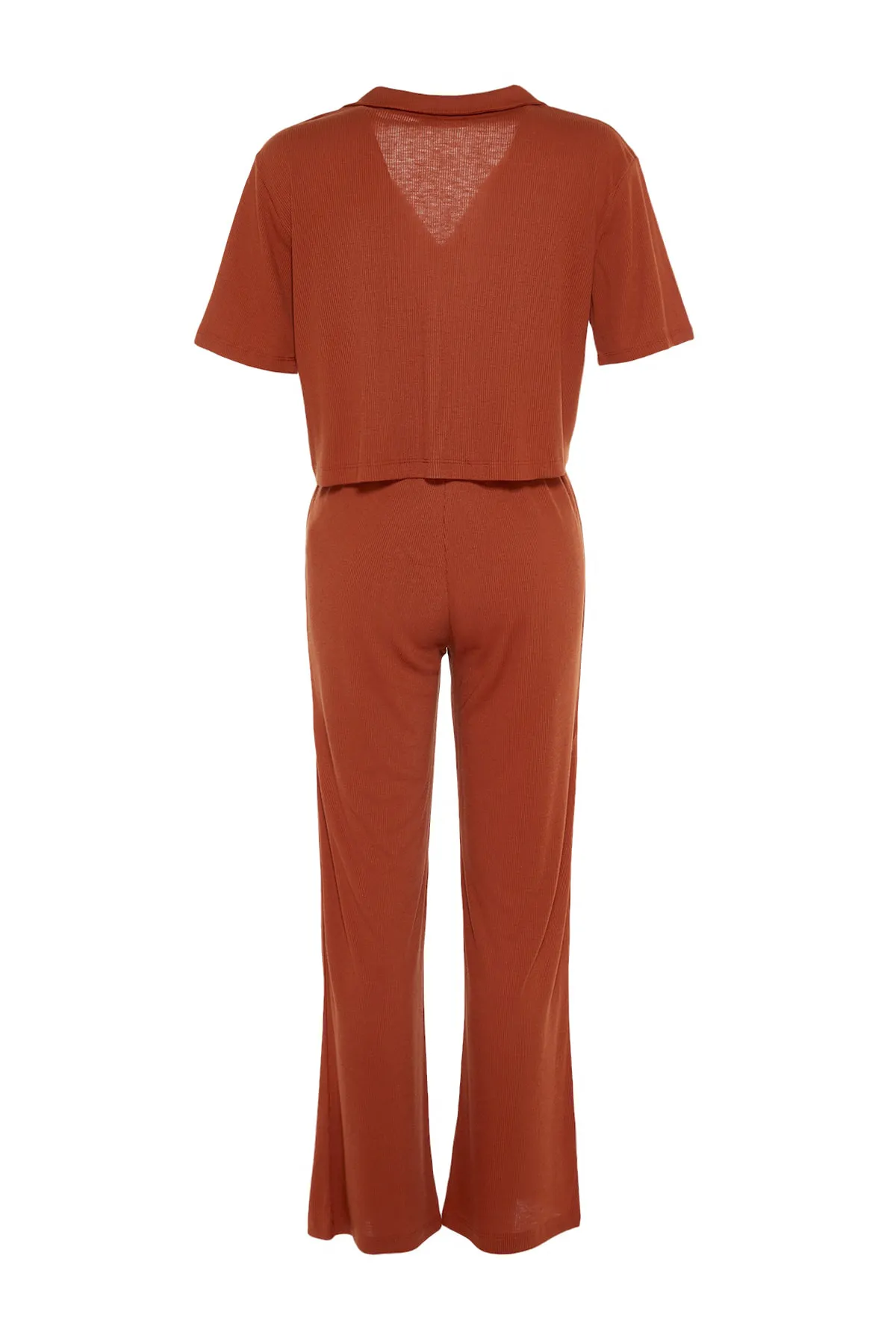 Trendyol Collection  Zimtfarbenes Pyjama-Set aus geripptem Hemd und Hose mit Teddybär-Stickerei THMSS21PT0168