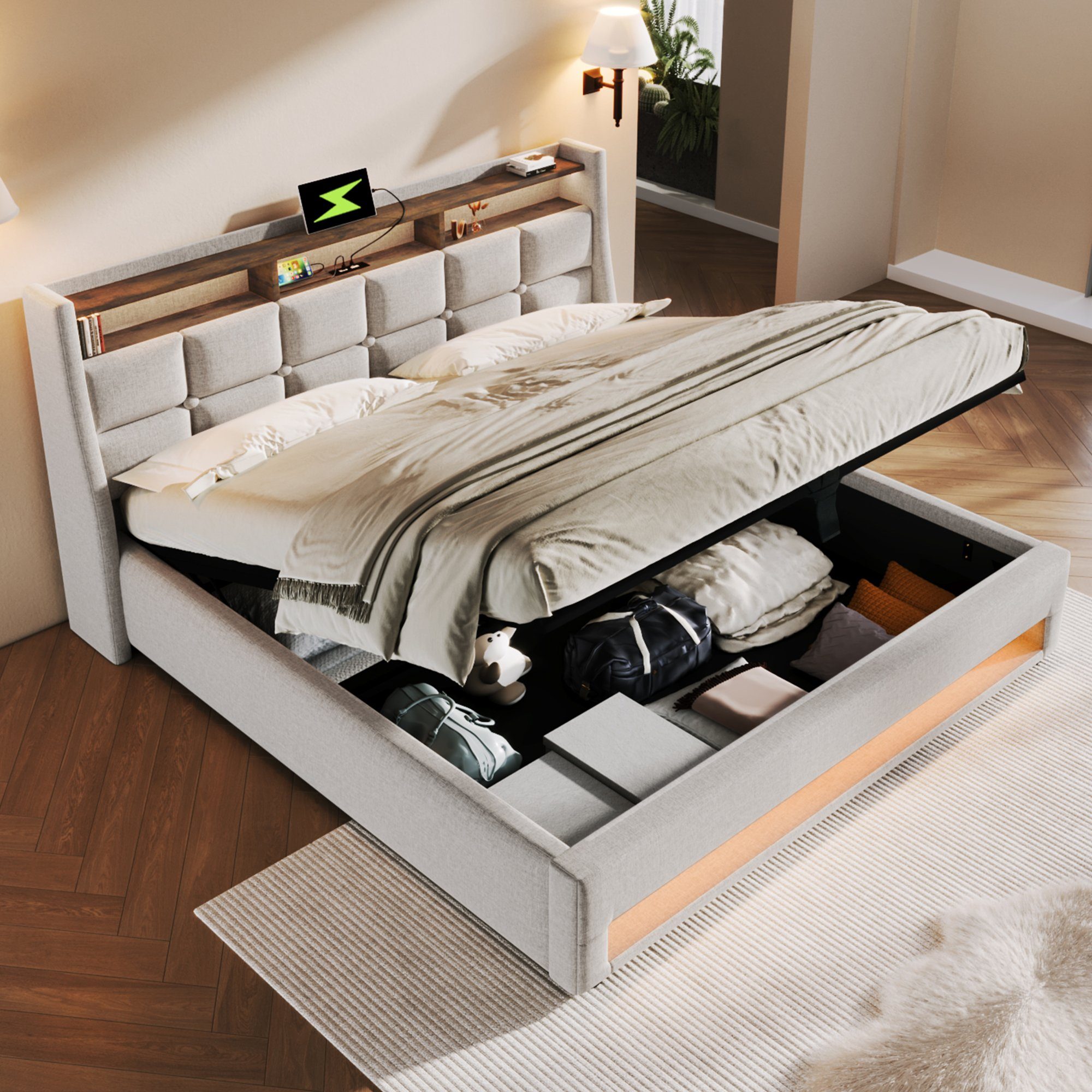WISHDOR Polsterbett Bett (LED Doppelbett Jugendbett mit USB/Typ-C Ladeanschluss), 180x200cm,Ohne Matratze