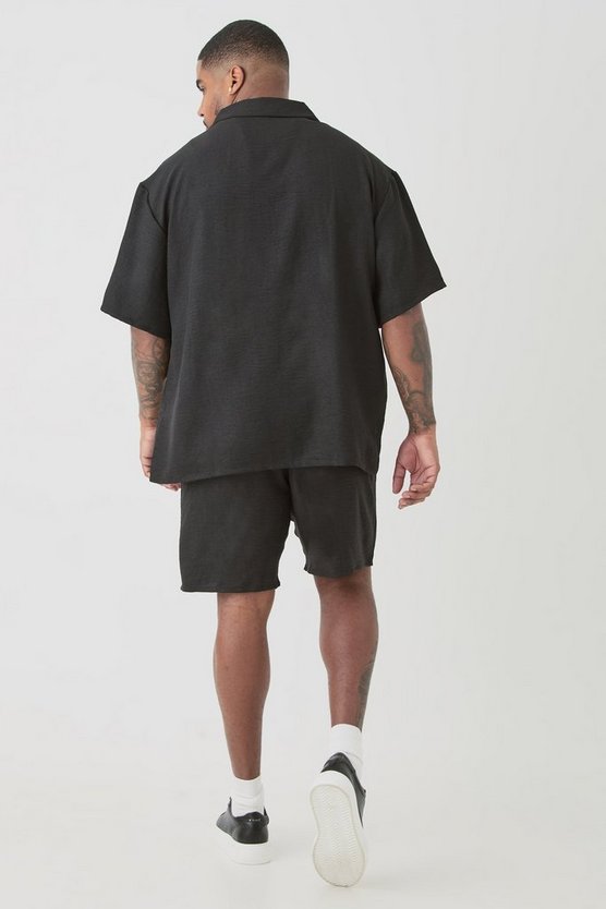 Plus Oversize Leinen-Hemd & Shorts in Schwarz
