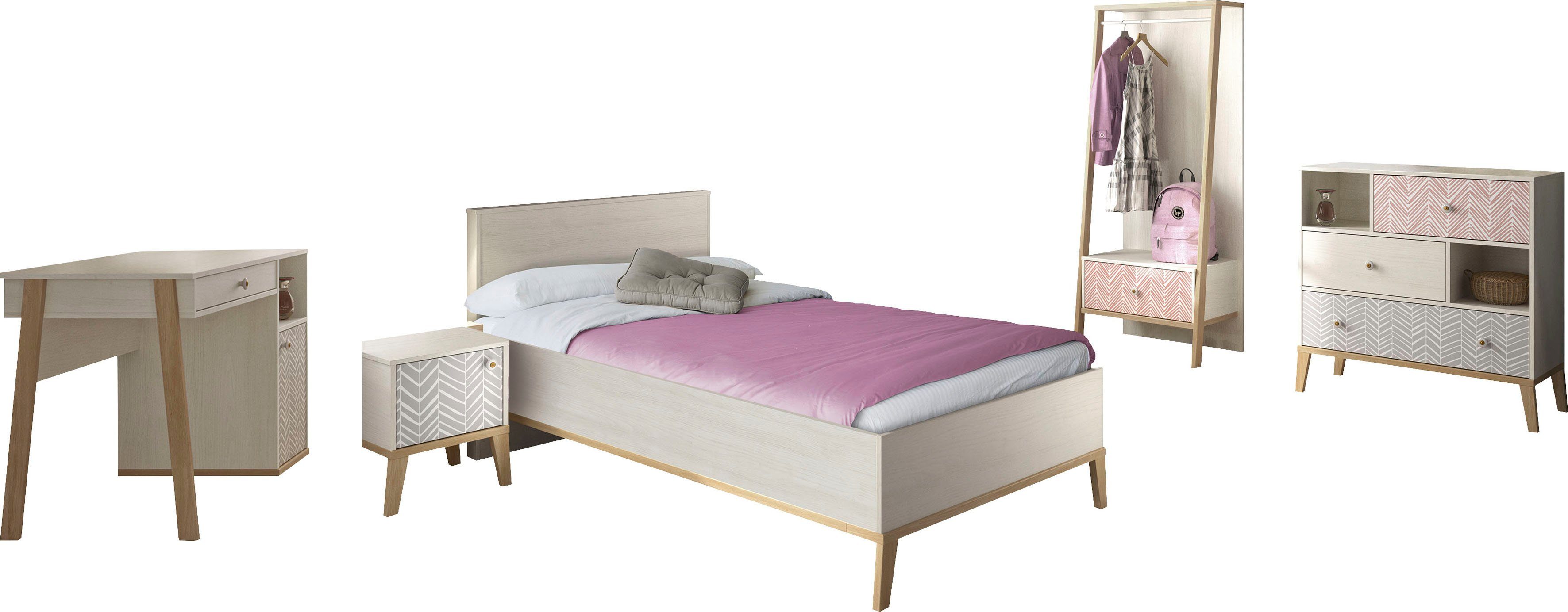 Gami Jugendzimmer-Set Alika, (Set, 5-St., Kleiderständer, Bett und Nachttisch,Kommode und ein Schreibtisch)