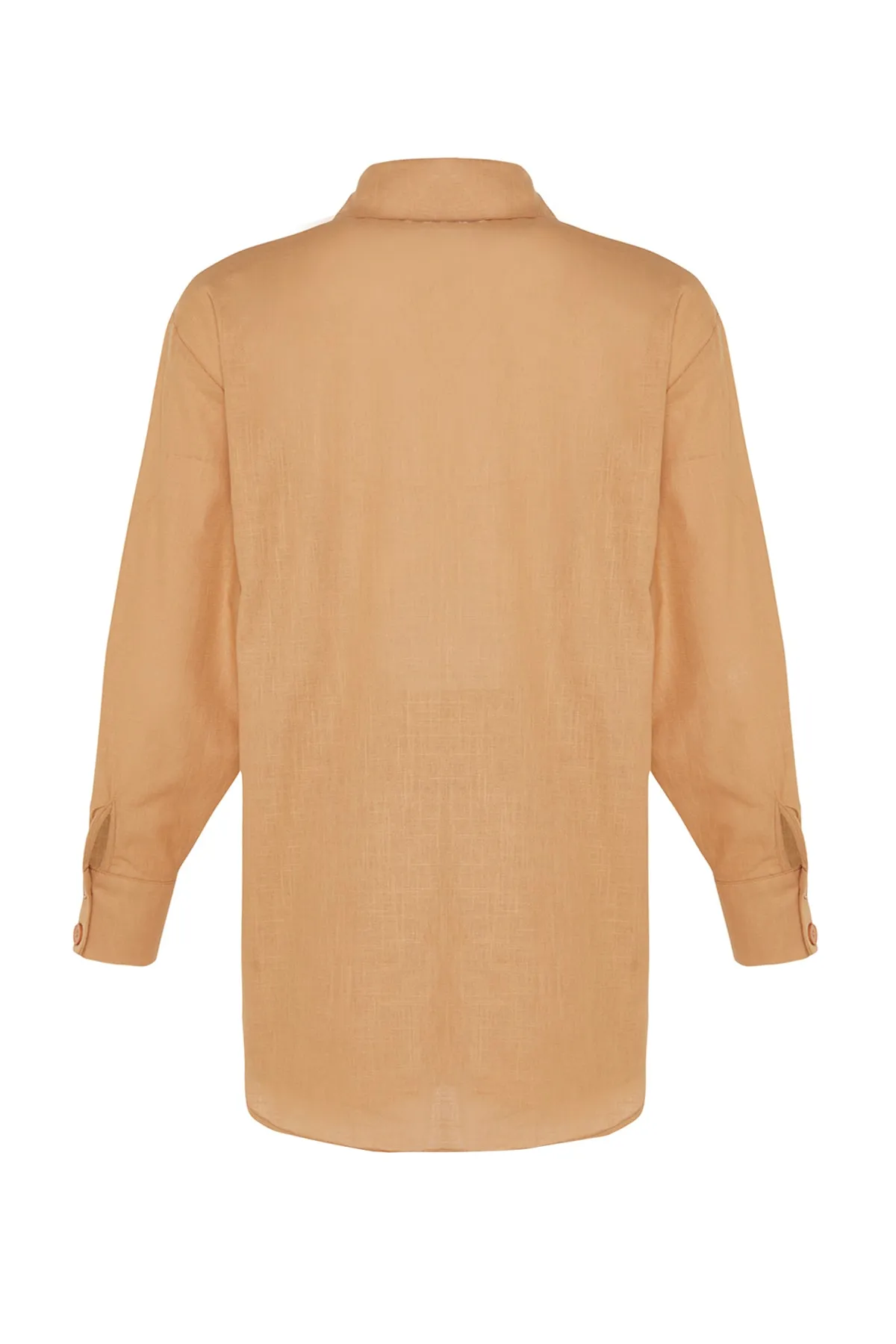 Trendyol Collection  Kamelfarbenes, gewebtes Hemd-Shorts-Set aus 100 % Baumwolle, TBESS23AU00049